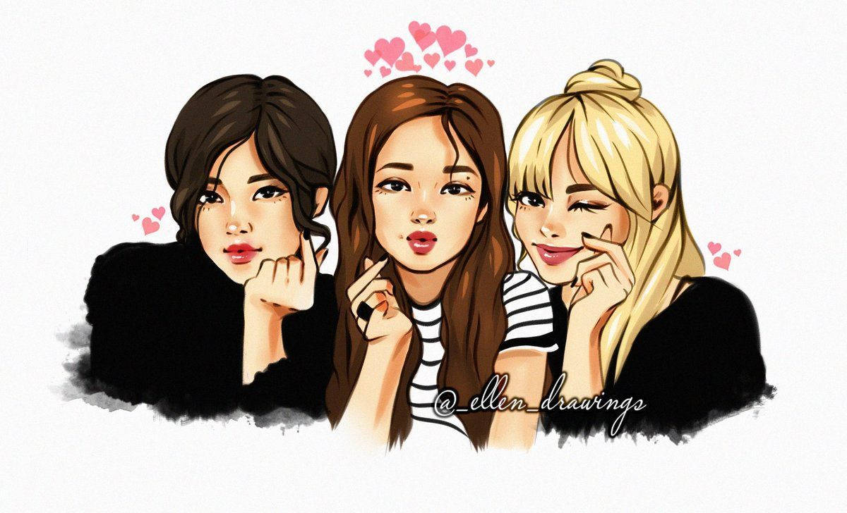 3 Best Friends 桌布 壁紙 — 三個插圖女孩，周圍有心形圖案，在白色背景前頑皮地擺姿勢。