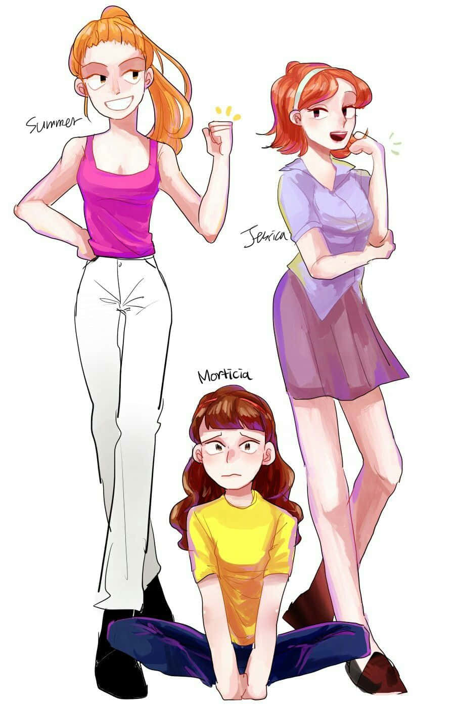 Summer Smith 桌布 壁紙 — 三個插圖女孩，穿著不同的服裝和表情，標記為 Summer Jessica 和 Morticia。