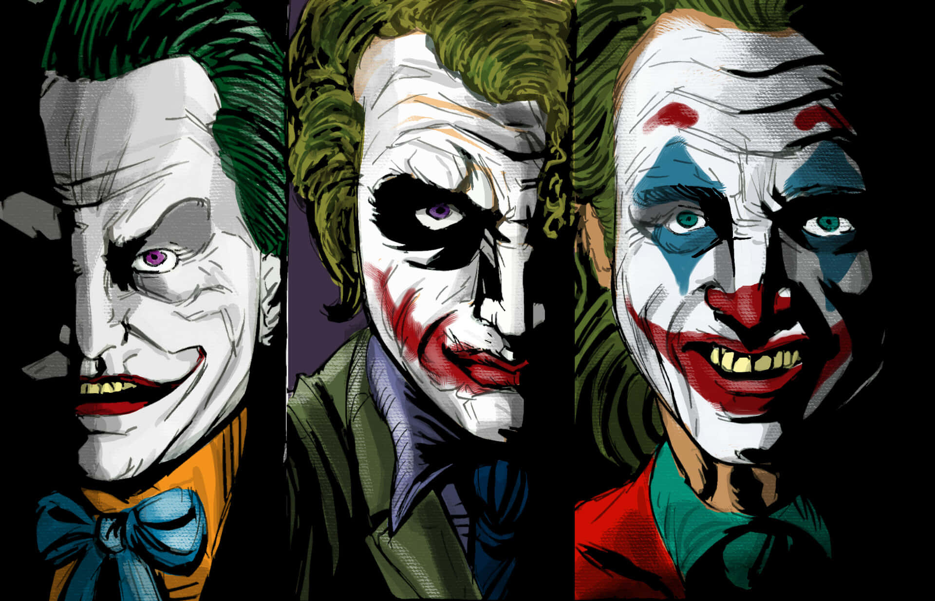 Batman Three Jokers 桌布 壁紙 — 三個插圖小丑角色，在深色背景上擁有獨特的化妝和表情。