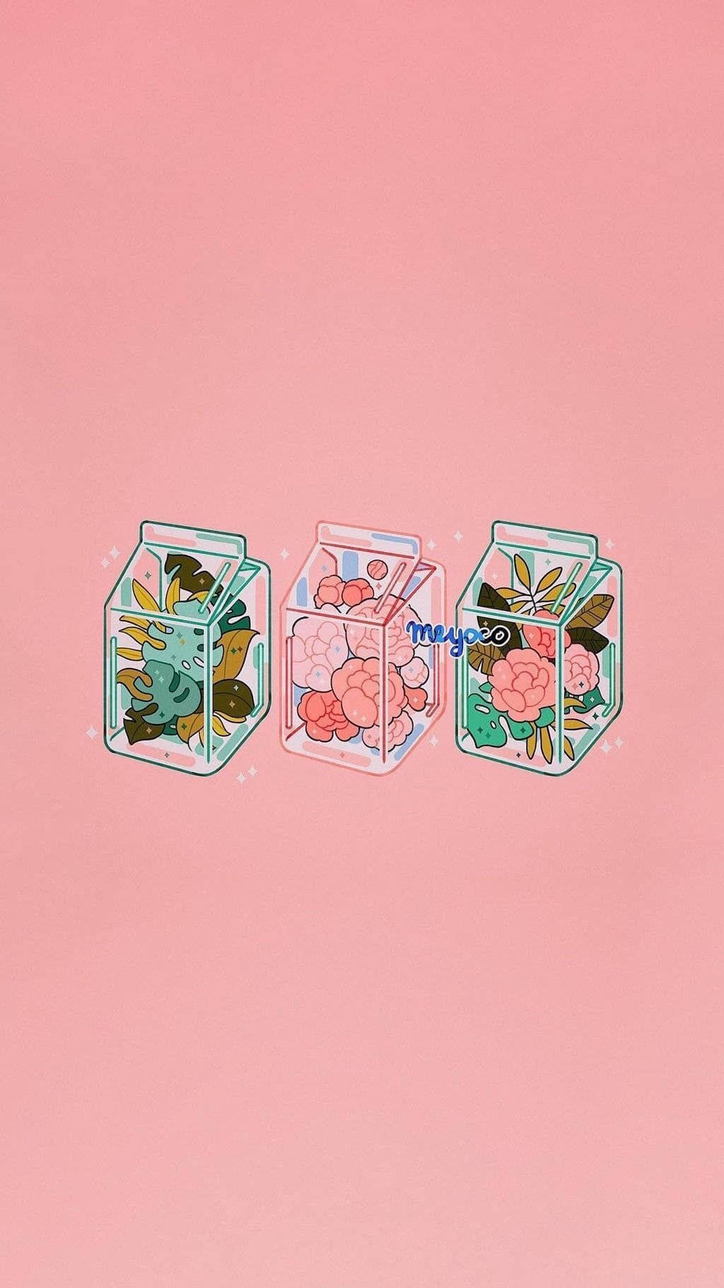 Cute Kawaii Aesthetic 桌布 壁紙 — 三個插圖玻璃罐，裝滿色彩繽紛的花朵和葉子，漂浮在柔和的粉紅色背景上。