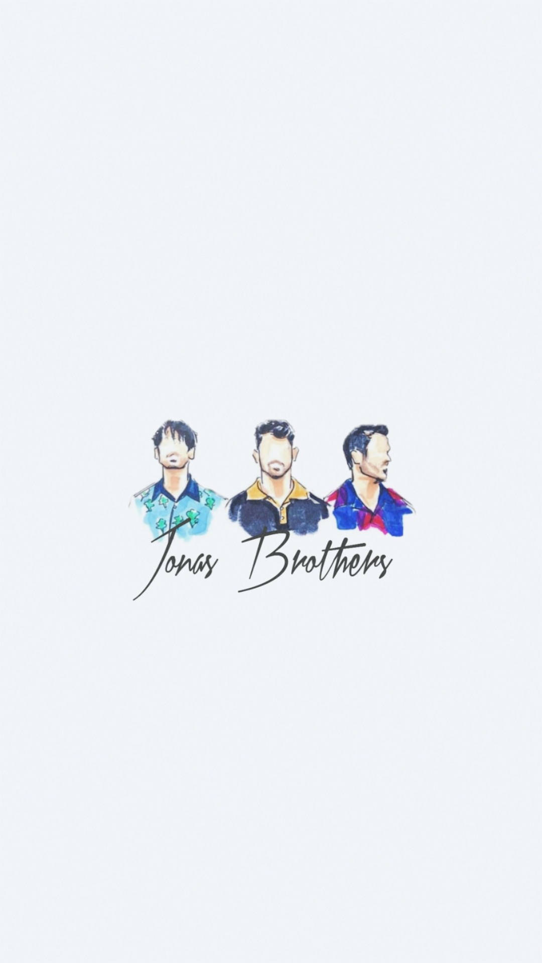 Jonas Brothers 桌布 壁紙 — 三個插圖男性人物穿著色彩繽紛的襯衫並排站立，下方在純白色背景上寫有「Jonas Brothers」。
