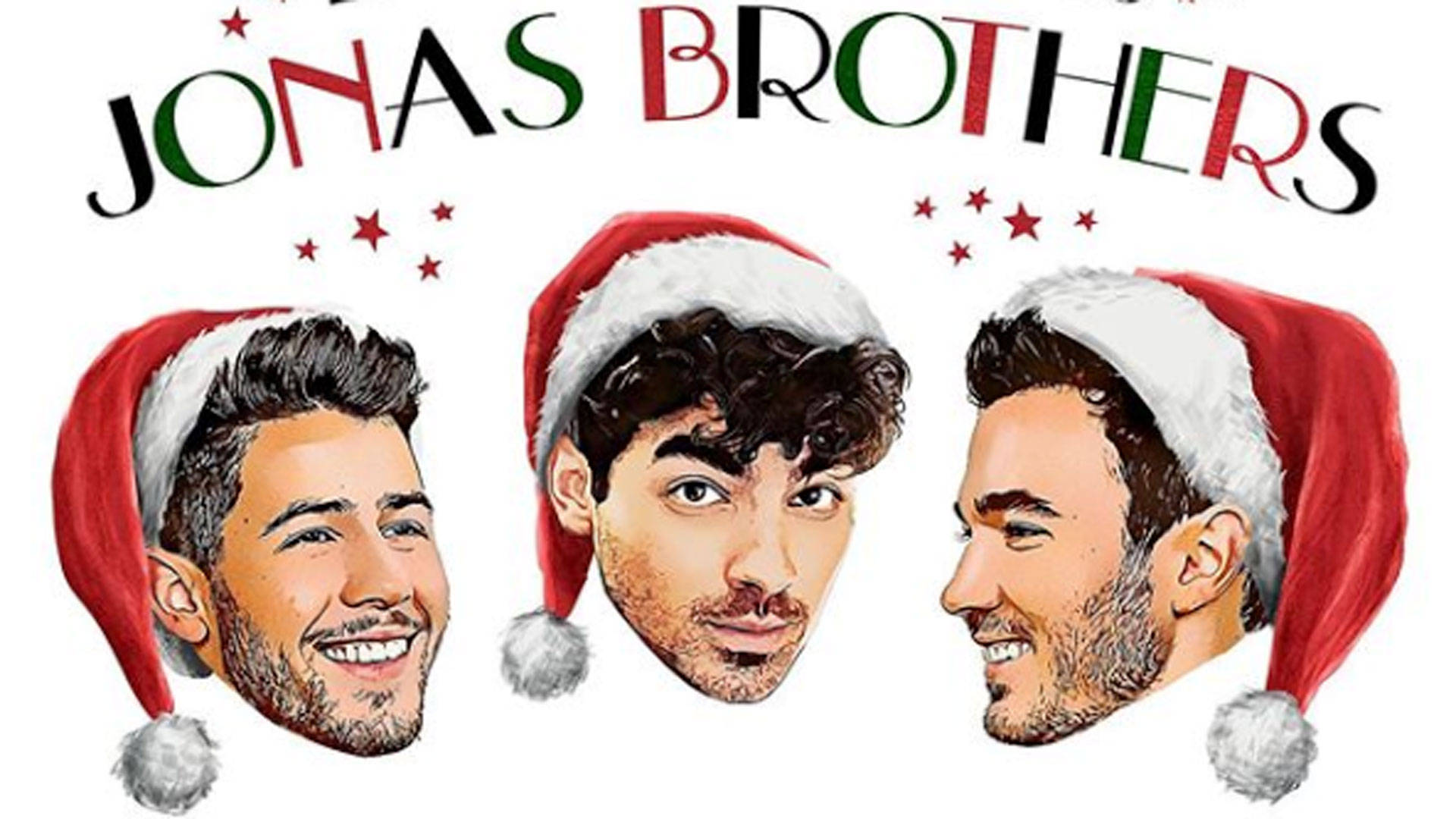 Jonas Brothers 桌布 壁紙 — 三個插圖男性面孔戴紅色聖誕帽，在節日「Jonas Brothers」文字和星星下微笑。