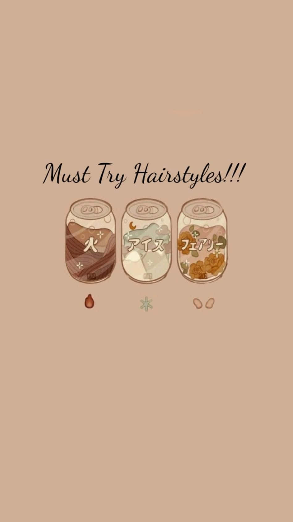 Korean Beige Aesthetic 桌布 壁紙 — 三個插圖罐子，標有日文文字和頭髮符號，在純米色背景上展示主題髮型。