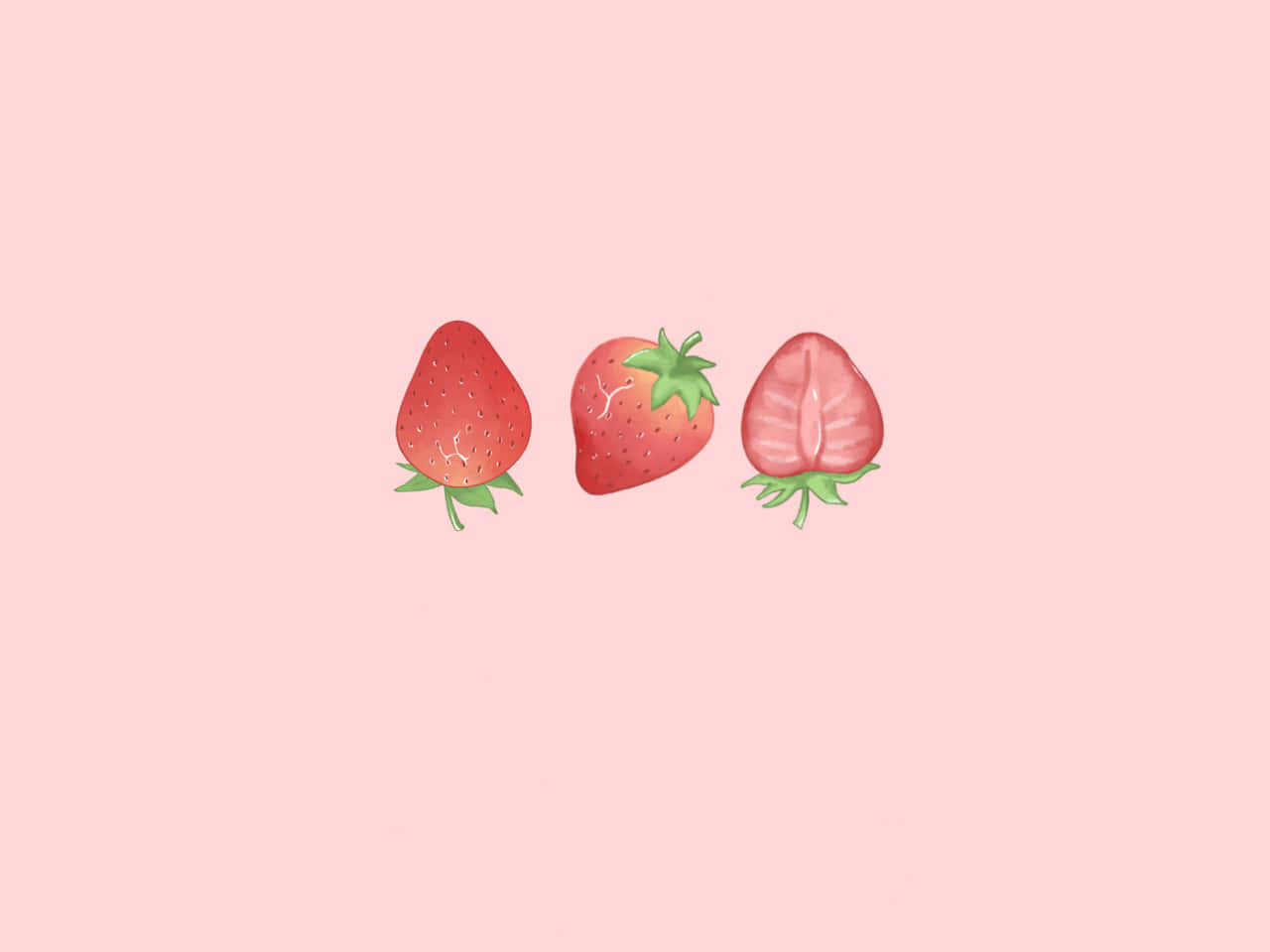 Strawberries 桌布 壁紙 — 三個插圖草莓，一個完整，一個切成兩半，放在柔和的粉紅色背景上。