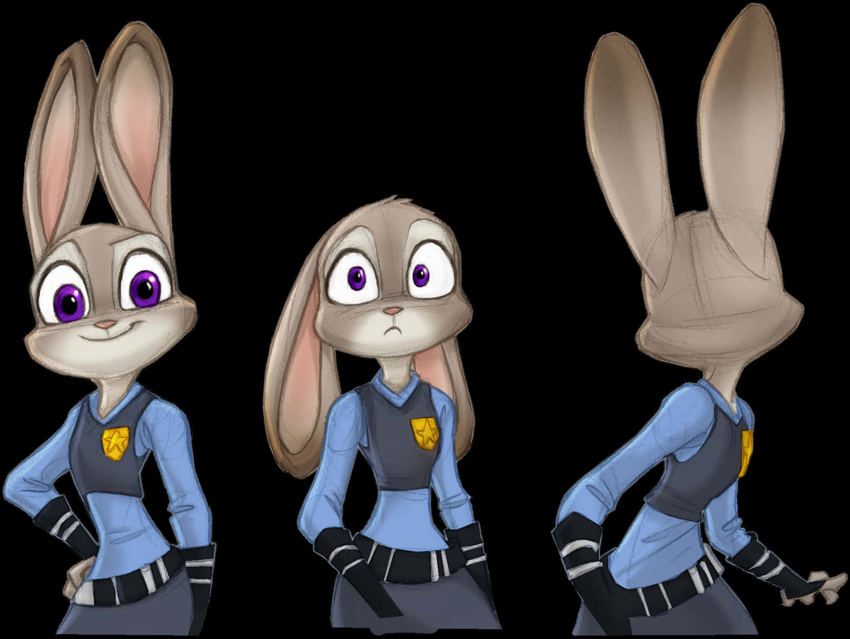 Disney Character 桌布 壁紙 — 三個插圖視圖展示兔警官的前面、側面和背面，帶有詳細的制服和紫色眼睛。