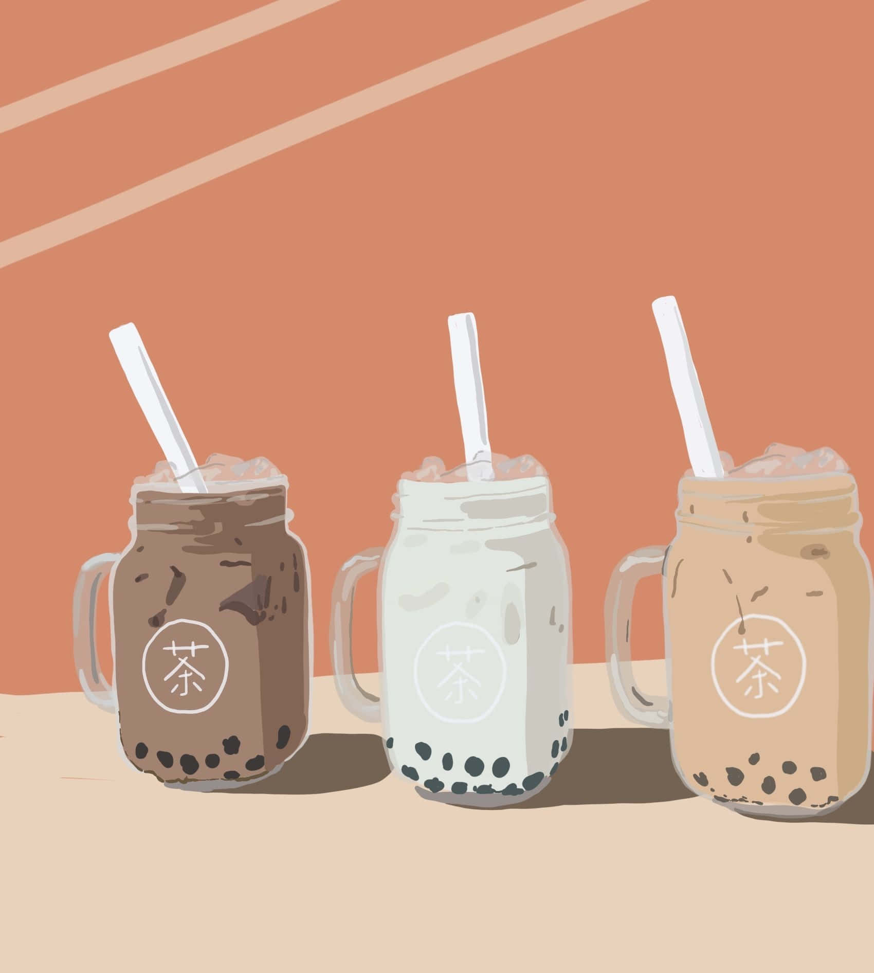Boba 桌布 壁紙 — 三個插圖風格的珍珠奶茶飲品，裝在梅森罐中附有吸管，放在米色表面上，背景為溫暖的陶土色。