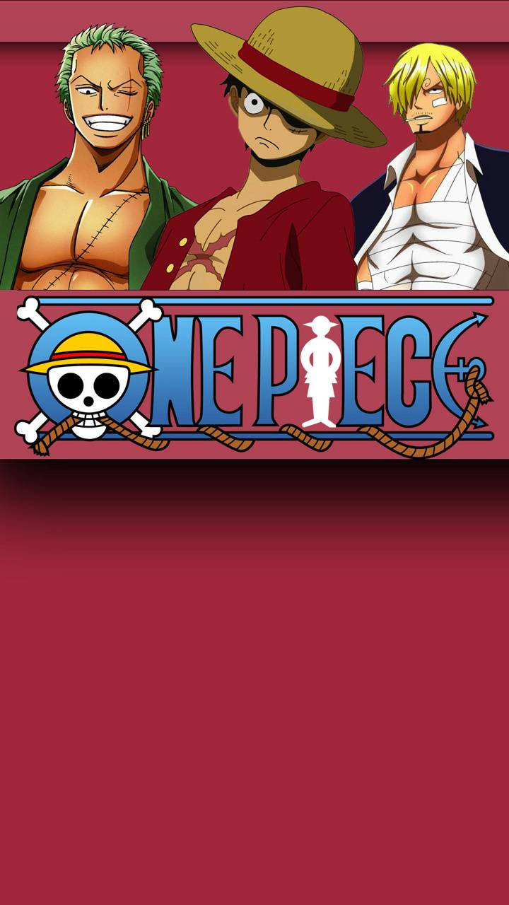 Luffy 桌布 壁紙 — 三個擁有不同髮型和服裝的動漫海盜站在純紅色背景上的One Piece標誌上方。