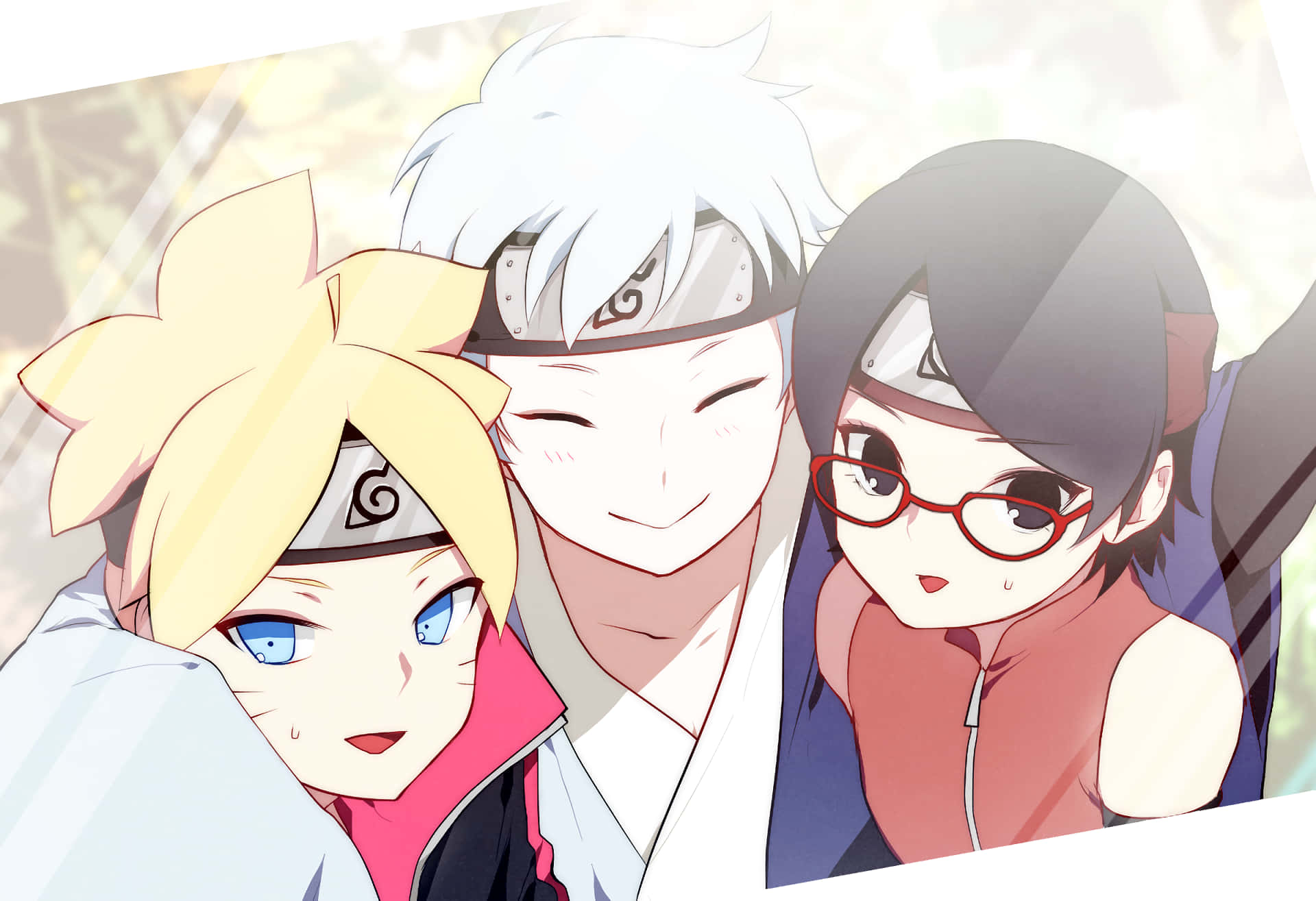 Mitsuki 桌布 壁紙 — 三個擁有不同髮型和頭帶的動漫角色在柔和模糊的背景前溫暖地微笑。