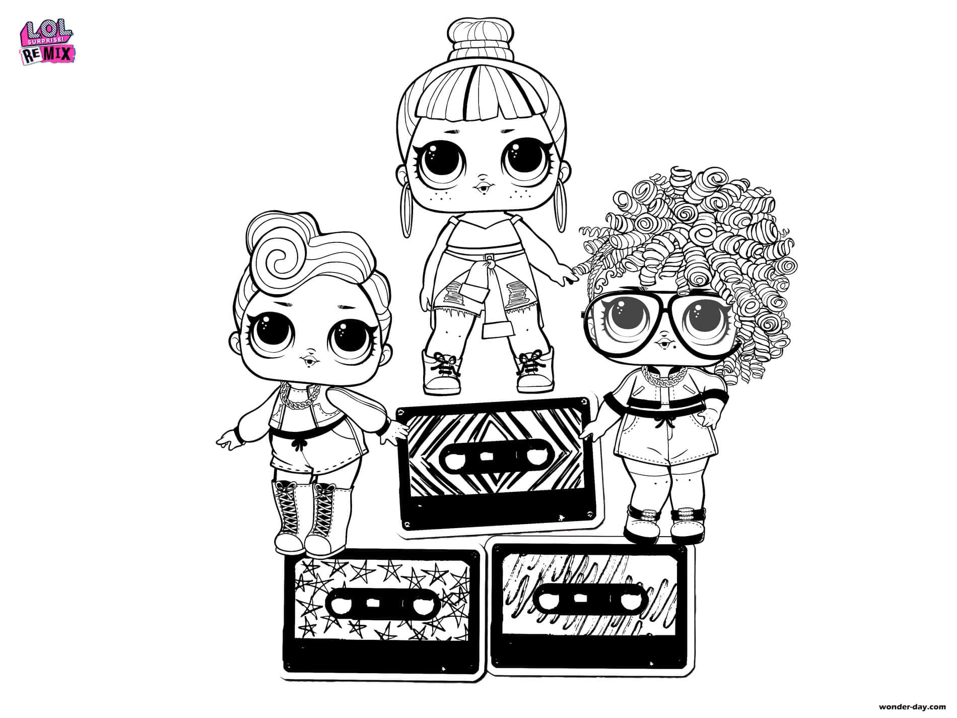 Doll 桌布 壁紙 — 三個擁有不同髮型的LOL Surprise公仔站在裝飾過的卡式錄音帶上，以黑白線條藝術風格呈現。