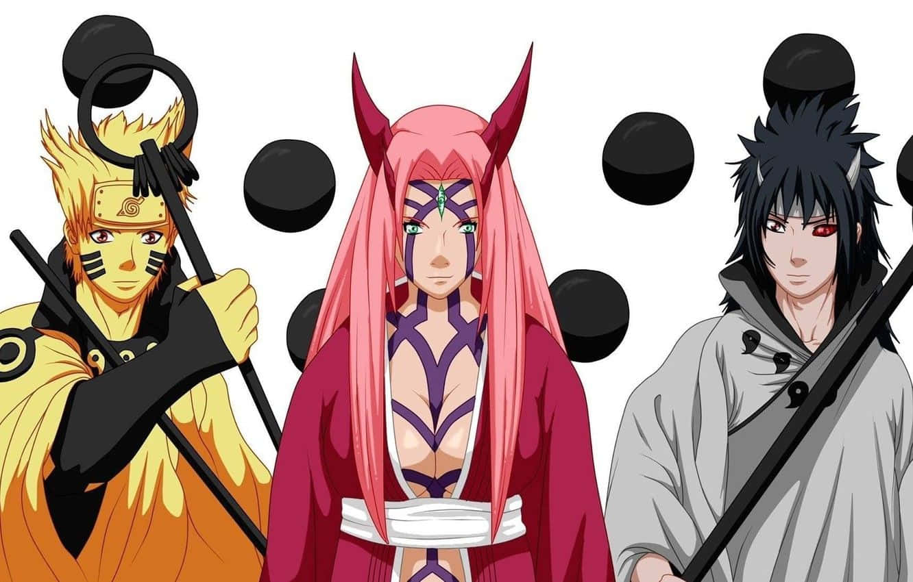 Naruto Manga 桌布 壁紙 — 三個擁有不同髮色和武器的動漫角色站在白色背景前，背景中有漂浮的黑色球體。