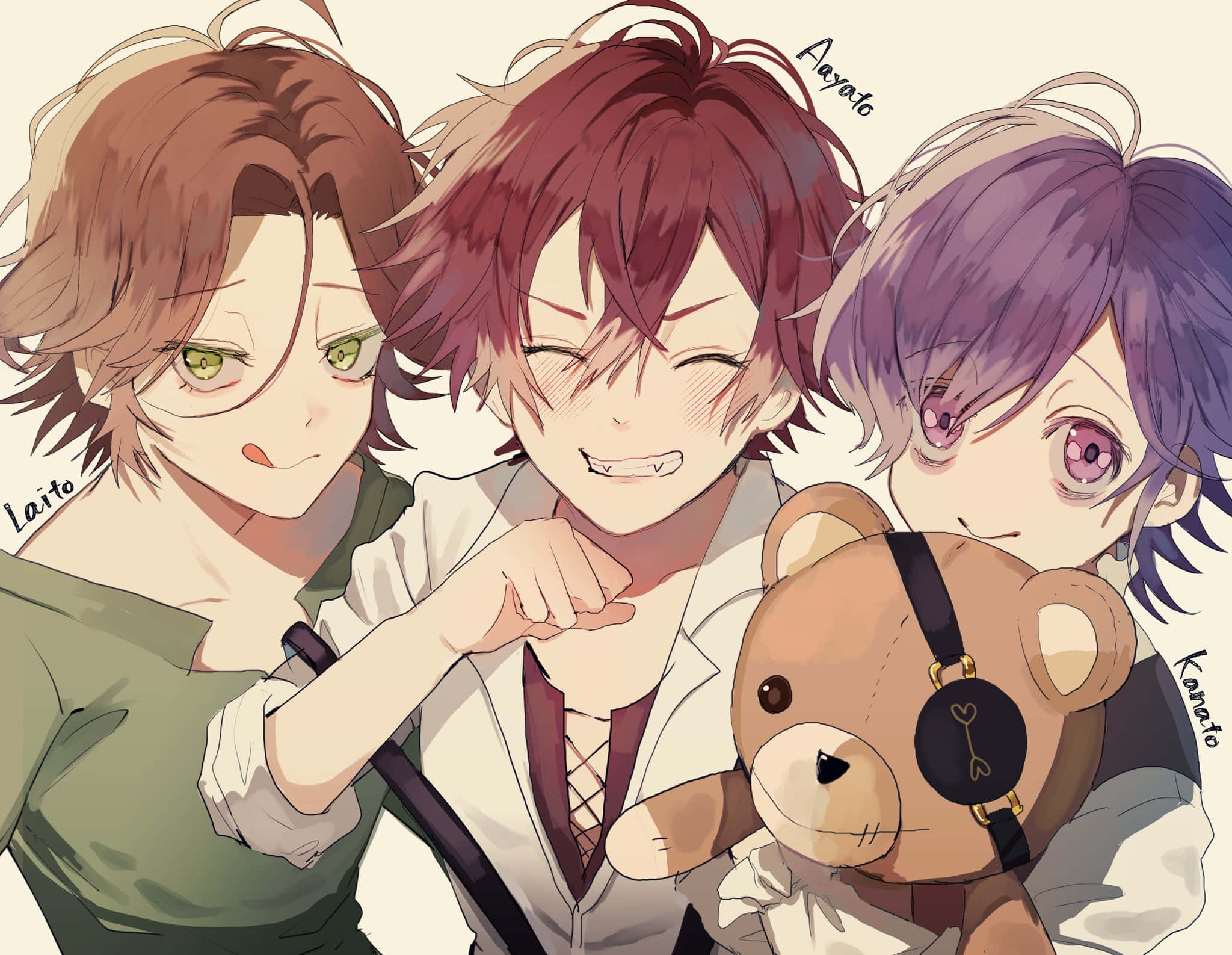 Diabolik Lovers 桌布 壁紙 — 三個擁有不同髮色和眼睛顏色的動畫男孩，與一隻戴著耳機的泰迪熊緊密地擺姿勢。