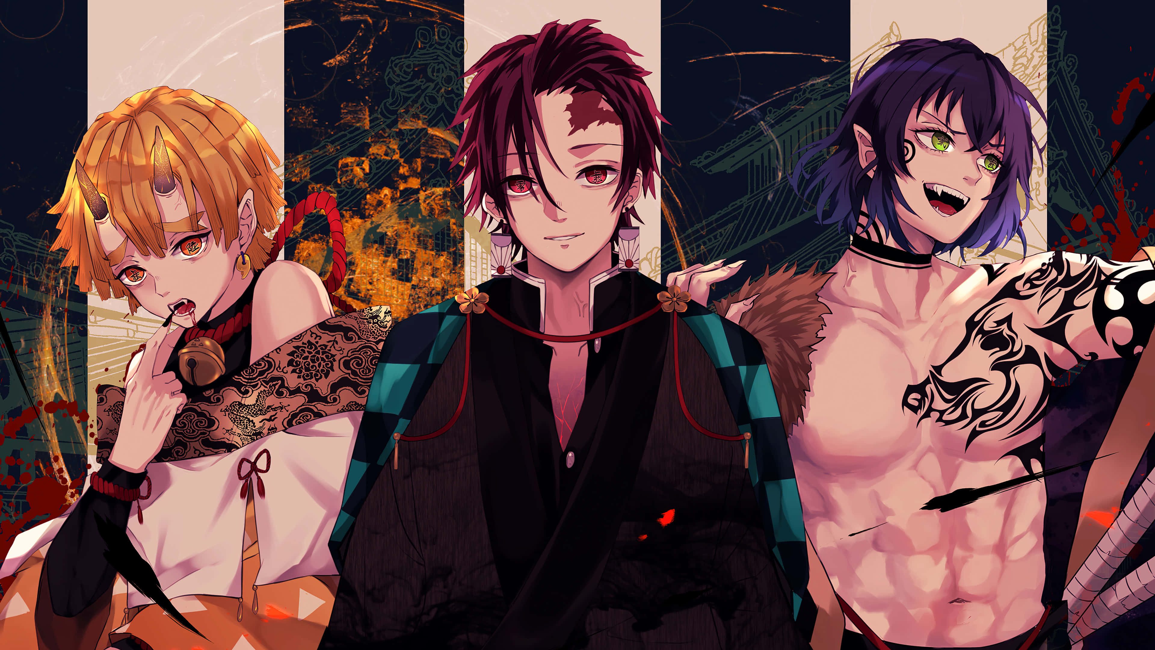 Demon Slayer Group 桌布 壁紙 — 三個擁有不同髮色和紋身的動漫角色，自信地站在一個黑暗華麗的背景前。