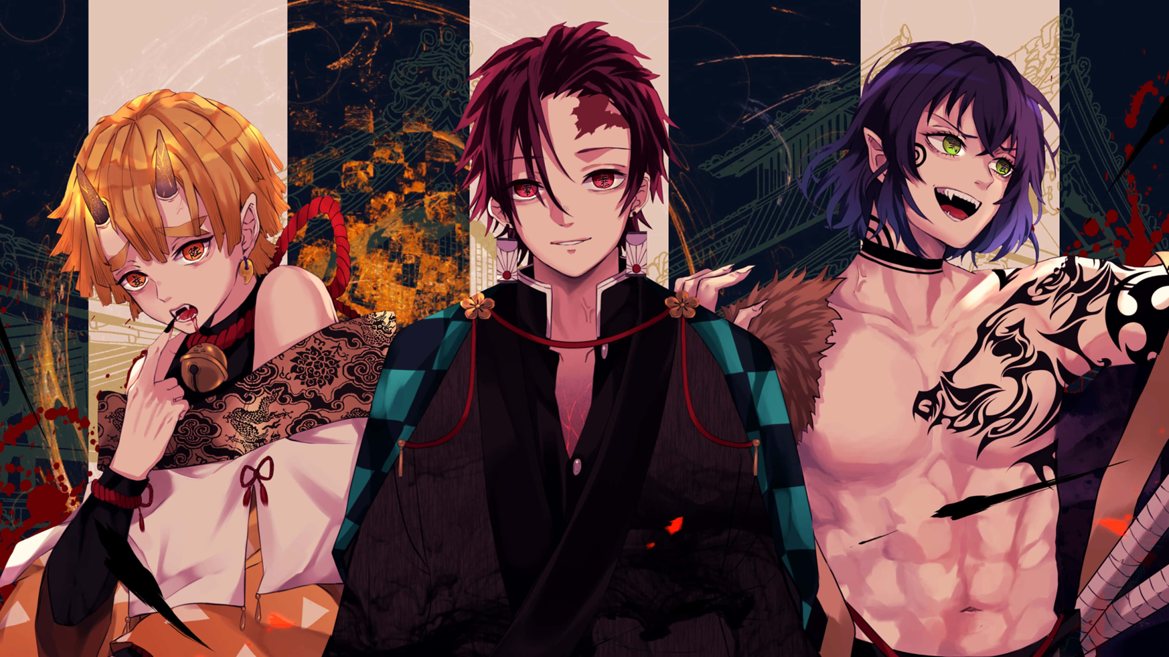 Demon Slayer Zenitsu 4K 桌布 壁紙 — 三個擁有不同髮色和紋身的動漫角色自信地站在黑暗華麗的背景前。