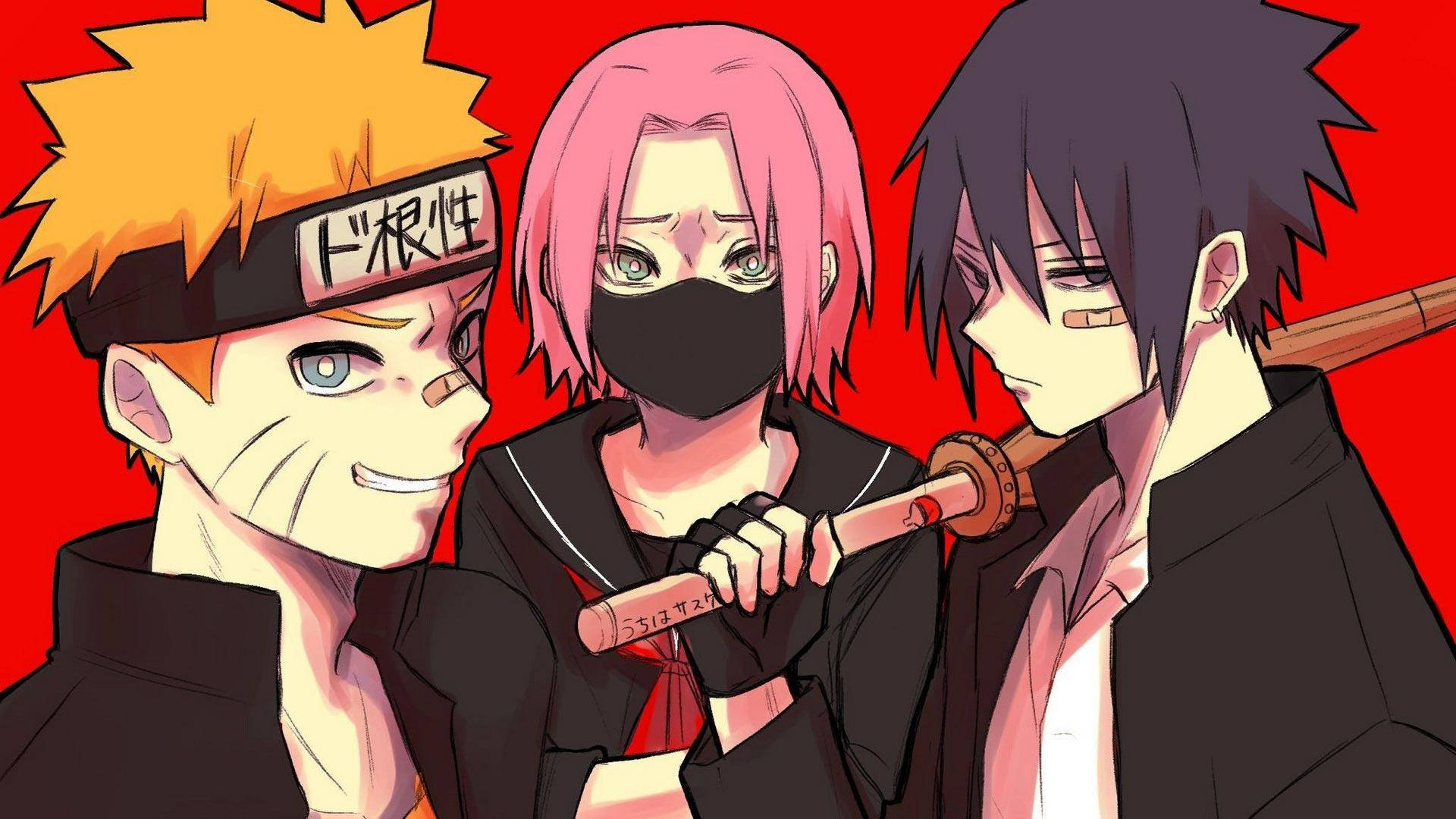 Sakura Haruno 桌布 壁紙 — 三個擁有不同髮色和表情的動漫角色站在大膽的紅色背景前。