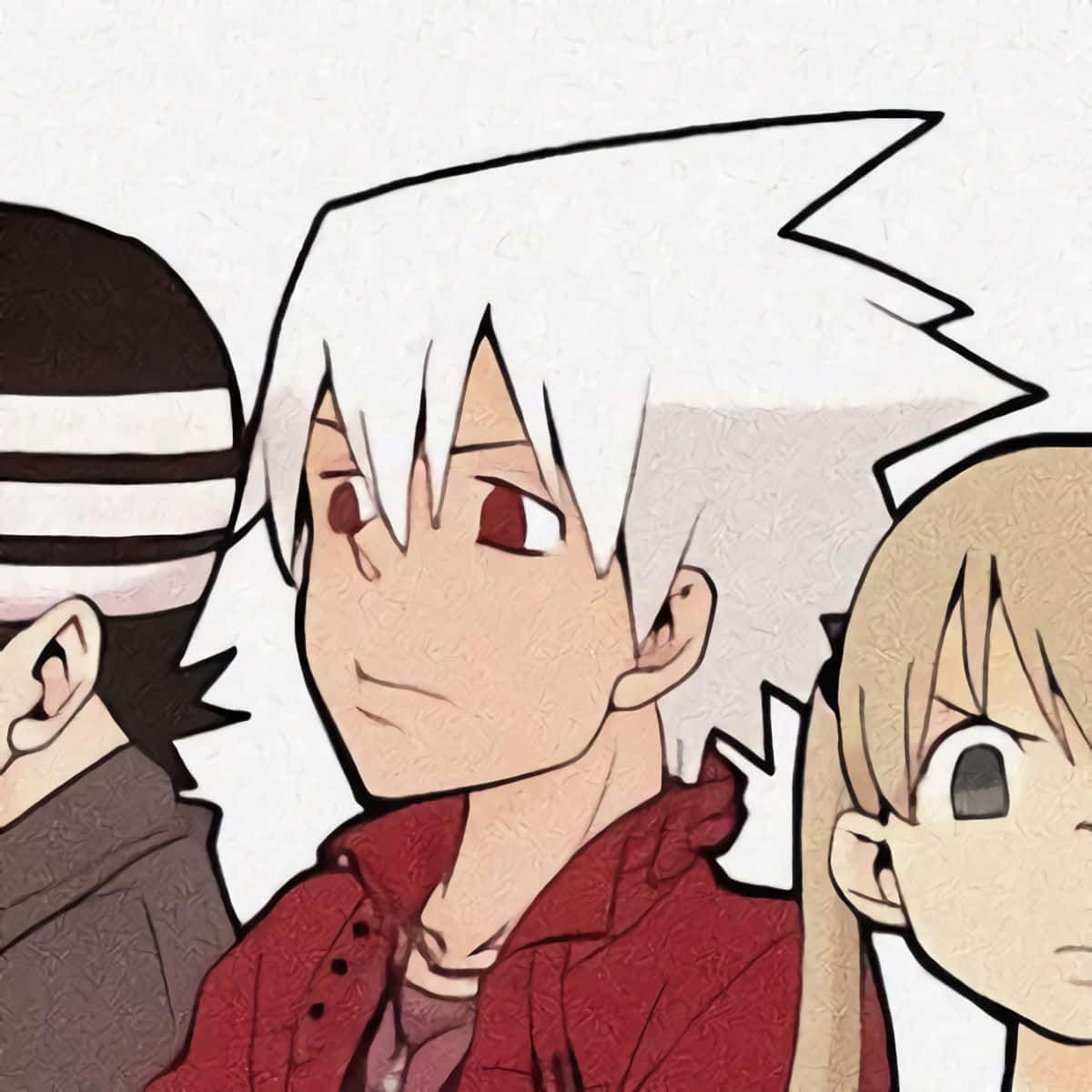 Cute Anime Boy 桌布 壁紙 — 三個擁有不同髮色和表情的動漫角色，在帶有紋理的白色背景上緊密地站在一起。