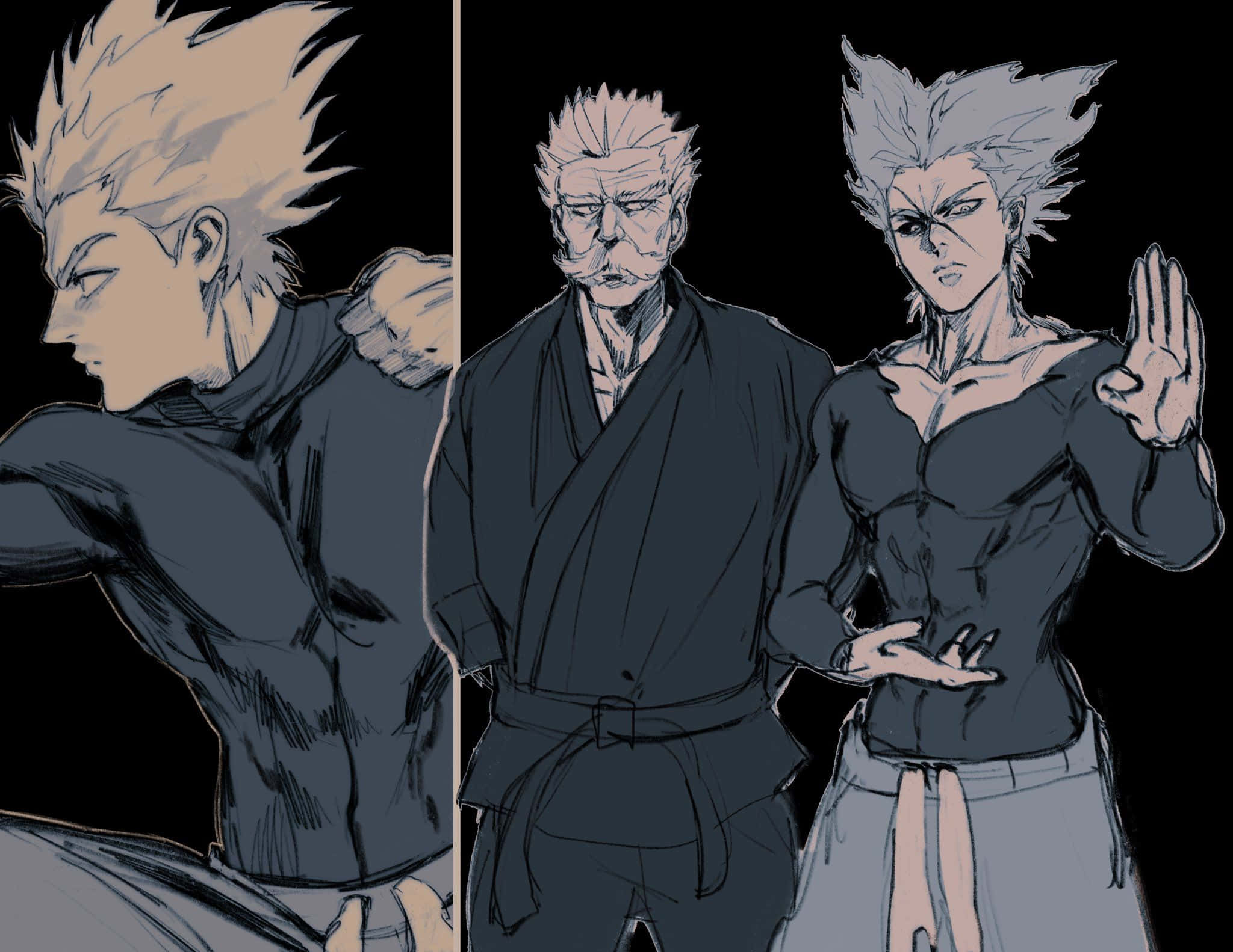 Silverfang 桌布 壁紙 — 三個擁有尖刺頭髮的動漫角色，在黑色背景前以動態、草圖風格的插畫風格站立。