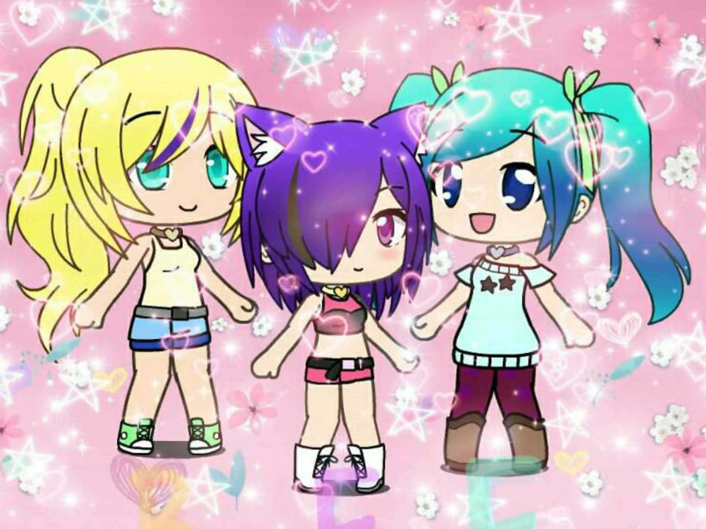 Gacha Life Cute 桌布 壁紙 — 三個擁有彩色頭髮和貓耳的可愛動漫女孩，站在一個充滿愛心和星星的閃亮粉紅色背景前。