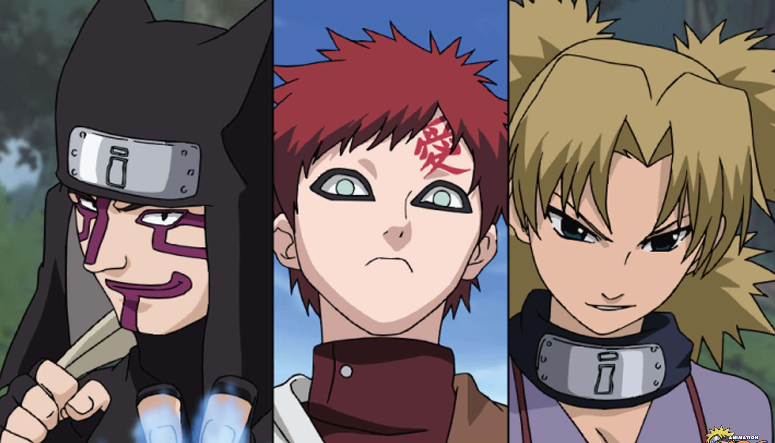Kankuro 桌布 壁紙 — 三個擁有獨特面部標記和頭帶的動漫忍者角色，並排站在模糊的自然背景前。