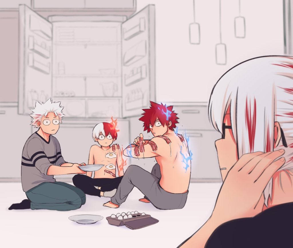 todoroki family 桌布 壁紙 — 三個擁有發光個性力量的動漫角色坐在廚房地板上，周圍是空的冰箱和雞蛋。