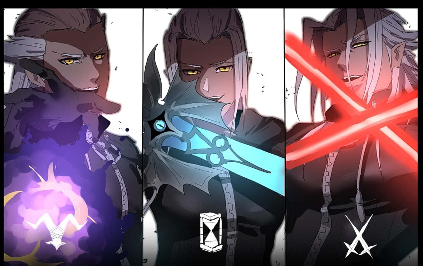 Ansem Seeker Of Darkness 桌布 壁紙 — 三個擁有發光眼睛和武器的動漫角色在黑暗、風格化的面板佈局中展示神秘能量。