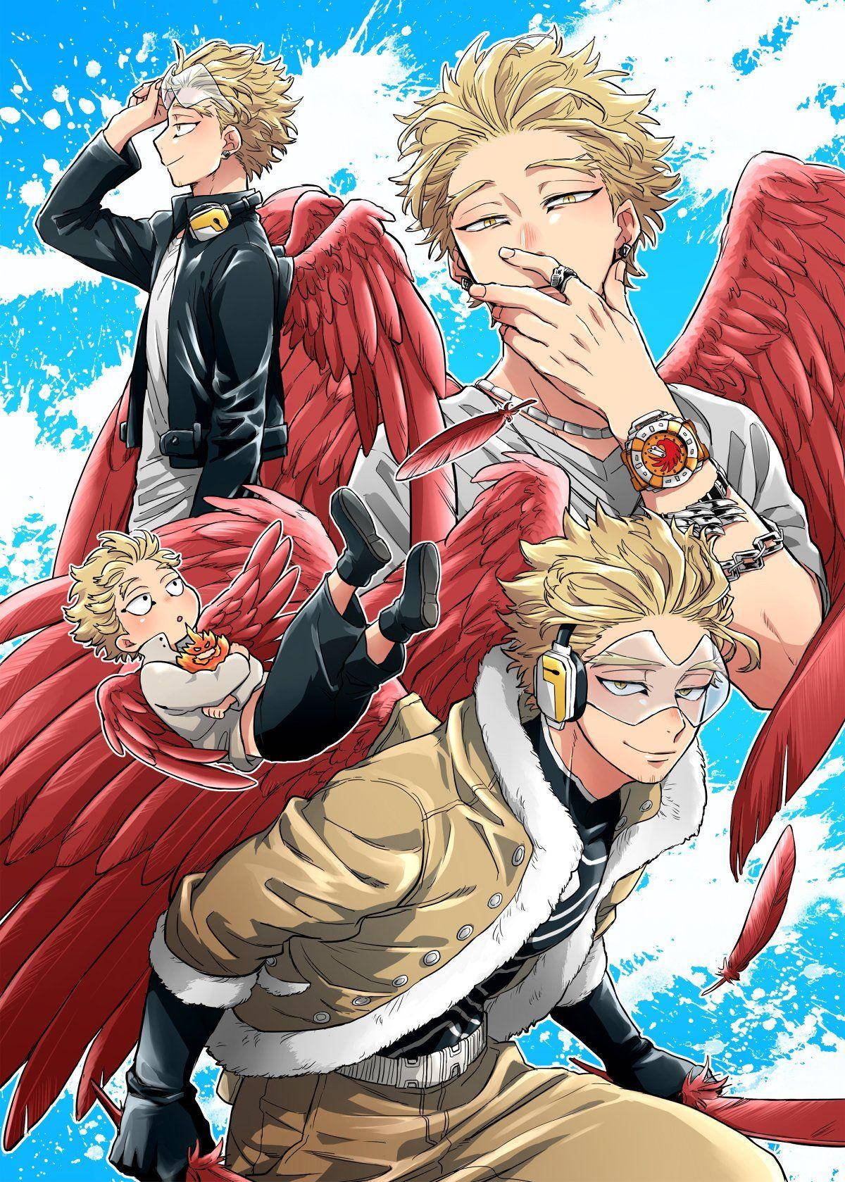 Hawks My Hero Academia 桌布 壁紙 — 三個擁有紅色翅膀的動漫角色在明亮的藍天下動態擺姿勢，帶有白色飛濺效果。
