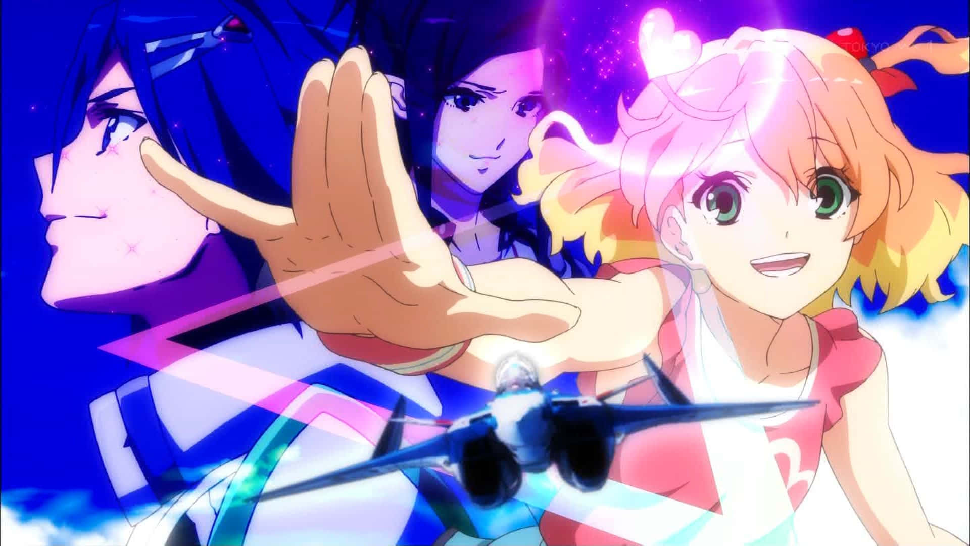 Macross Delta 桌布 壁紙 — 三個擁有鮮豔頭髮和發光效果的動漫角色，在宇宙背景下包圍著一架戰鬥機。