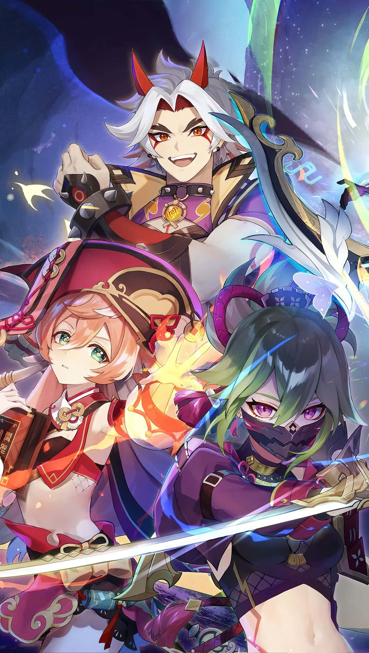 Genshin Impact Characters 桌布 壁紙 — 三個擁有鮮豔髮色和發光武器的動漫角色，在宇宙星空背景下動態擺姿勢。