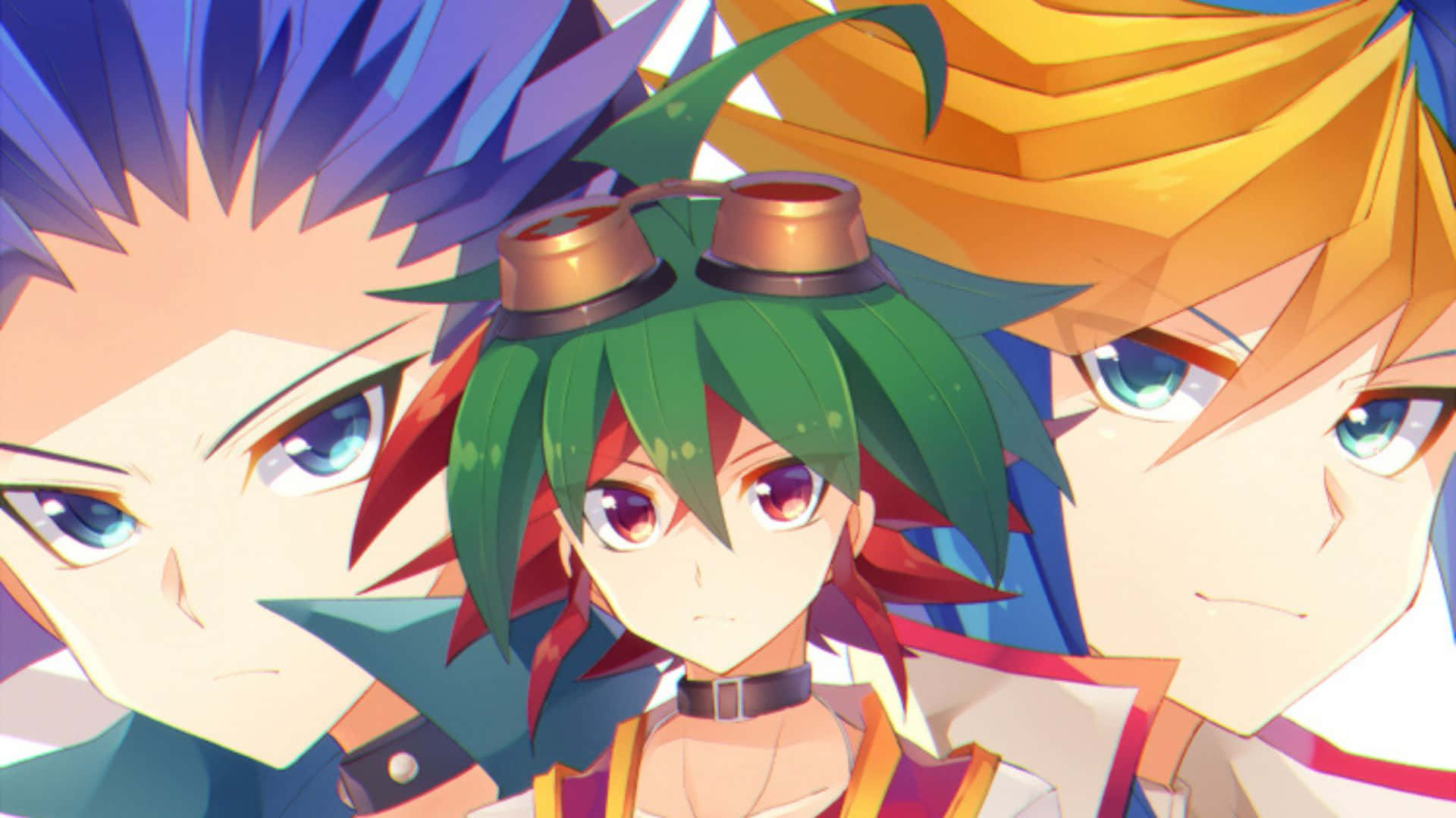Yu-gi-oh Yugo 桌布 壁紙 — 三個擁有鮮豔髮色和銳利眼神的動漫角色，在動態特寫中直視前方。