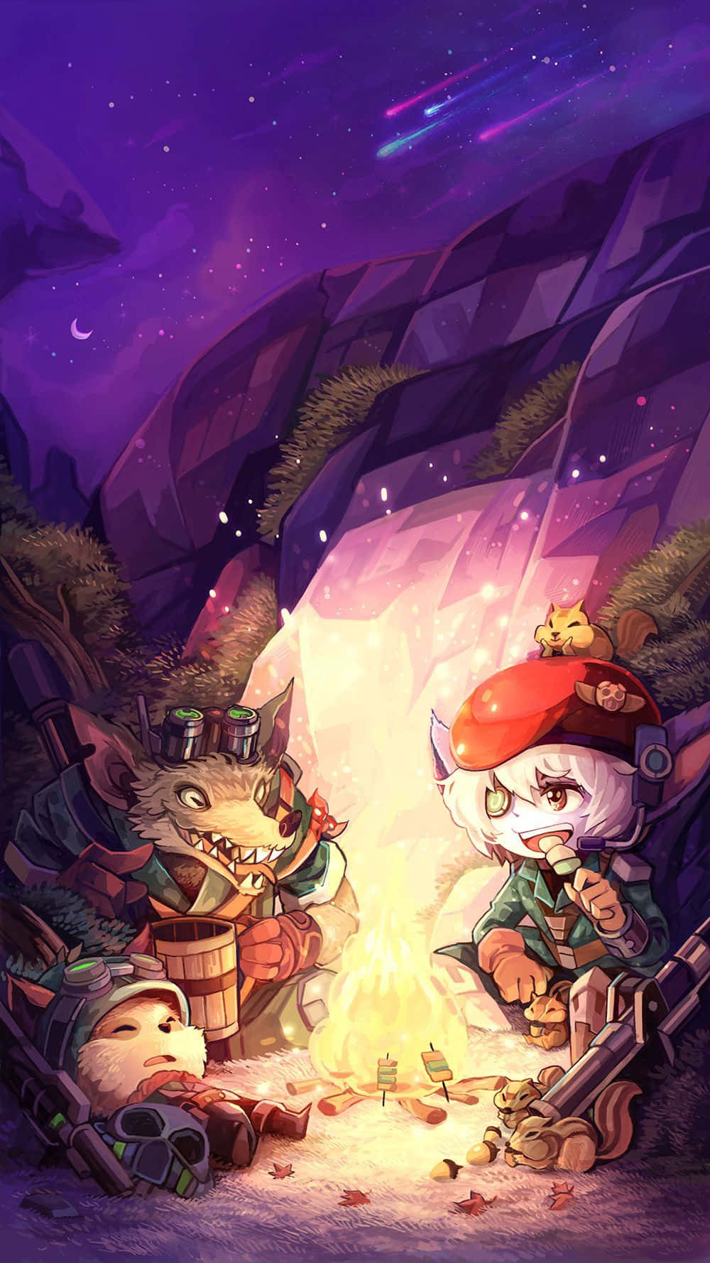 League Of Legends Phone 桌布 壁紙 — 三個擬人化動物角色在閃爍的營火旁烤棉花糖，背景是帶有流星的星空紫色夜空。