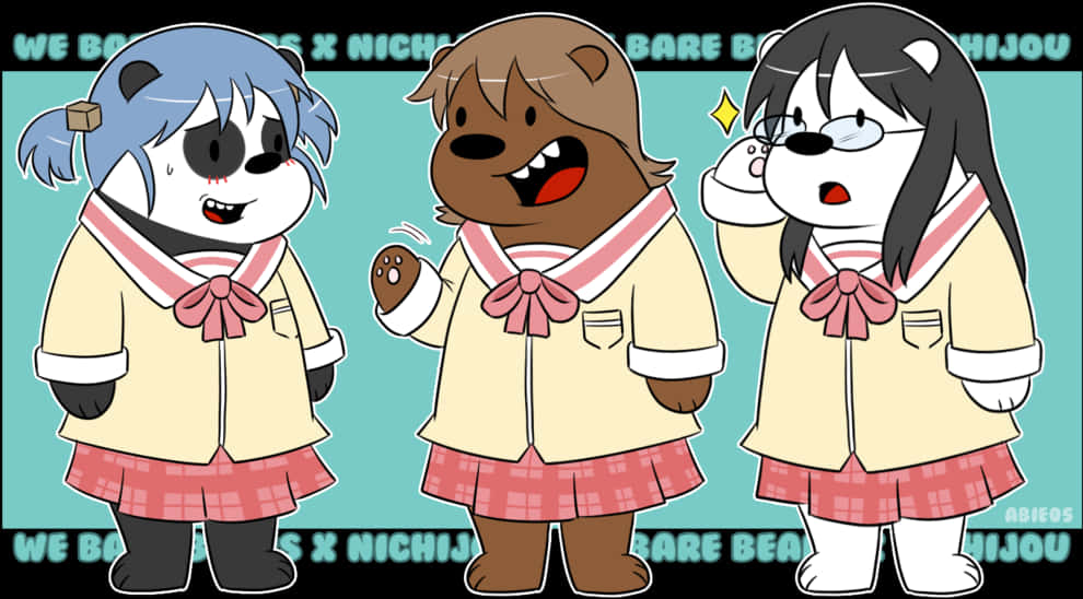 熊熊遇見你 桌布 壁紙 — 三個擬人化動物角色穿著相配的校服，站在青綠色背景上，帶有文字疊加。