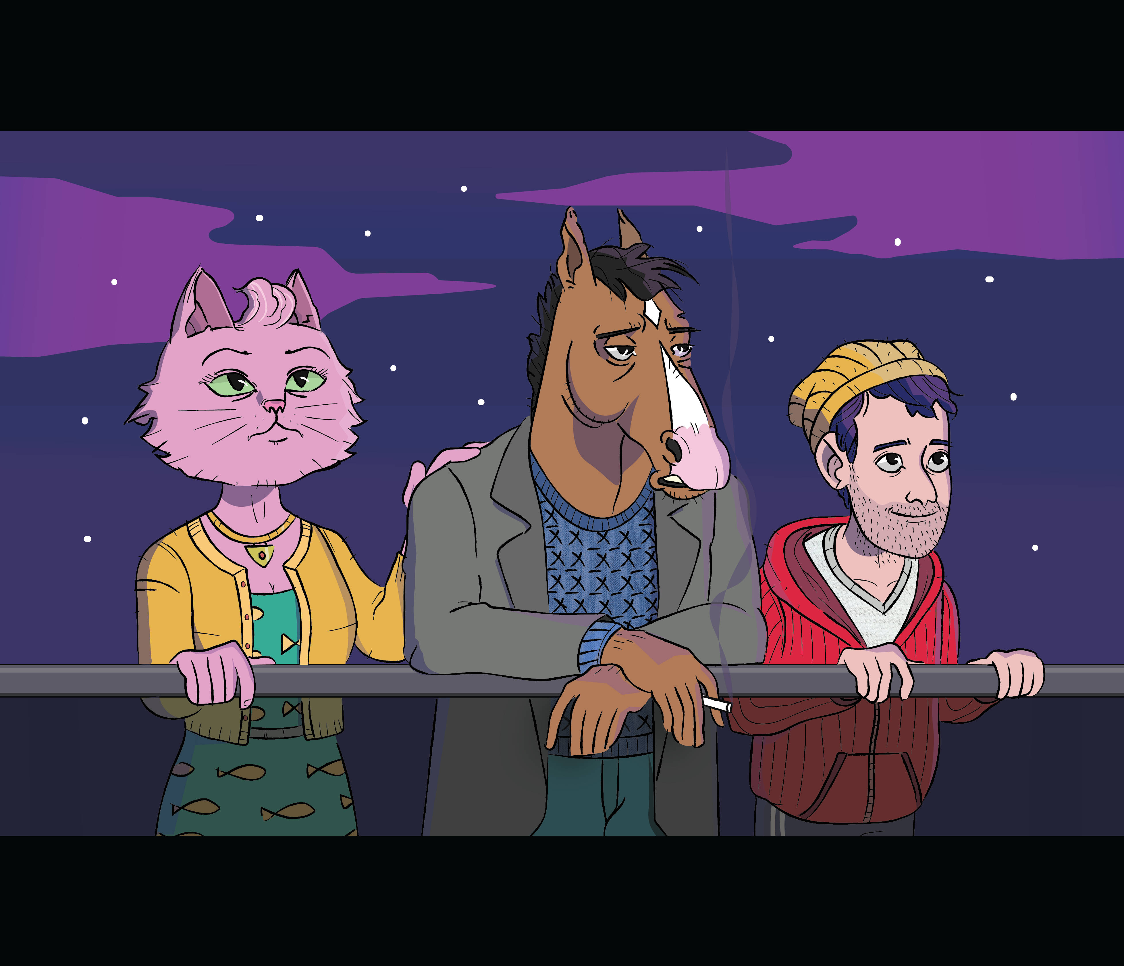 bojack 桌布 壁紙 — 三個擬人化角色站在陽台上，在繁星點點的紫色夜空下抽煙，若有所思地凝視著。