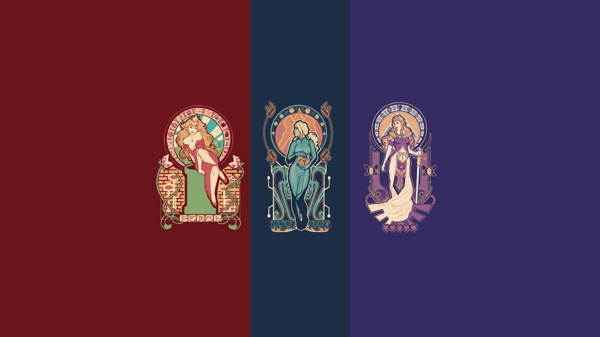 Art Nouveau 桌布 壁紙 — 三個新藝術風格女性人物，置於華麗框架中，背景為紅色、藍色和紫色。