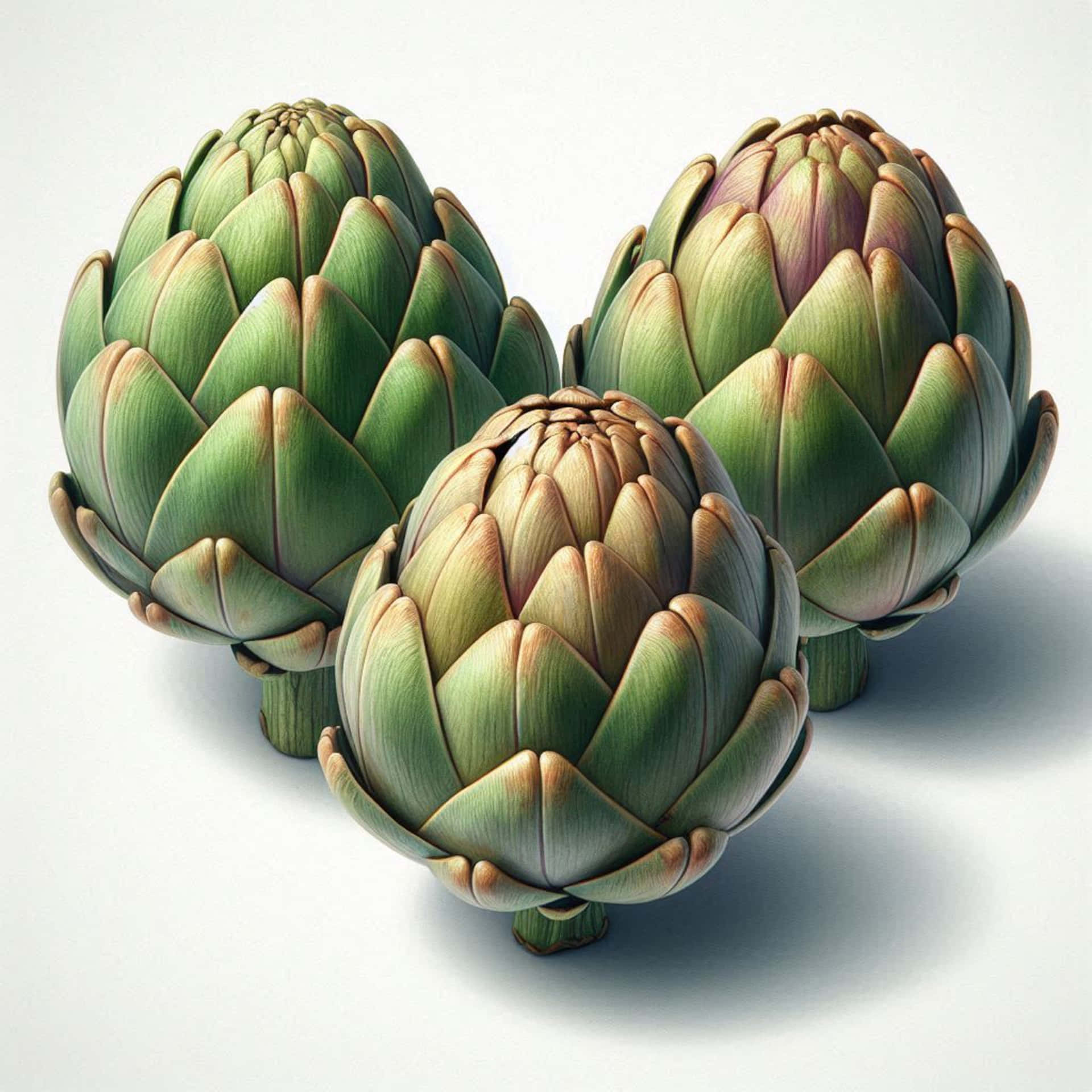 Artichokes 壁紙 — 三個新鮮朝鮮薊，帶有層層疊疊的綠色葉片和微妙的紫色色調，置於潔淨的白色背景上。