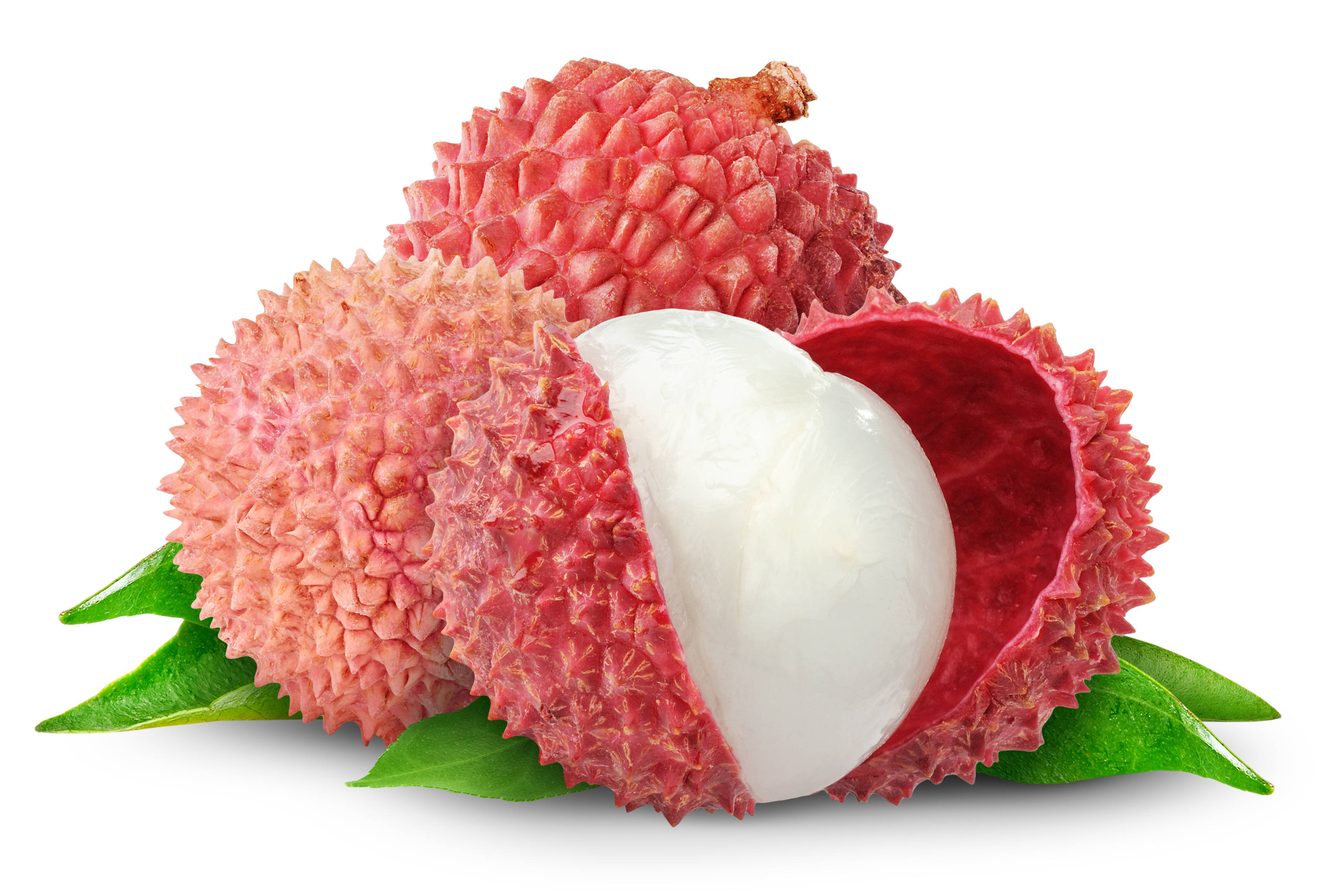 Litchi 桌布 壁紙 — 三個新鮮荔枝，其中一個剝開，露出半透明白色果肉和綠葉，背景為白色。