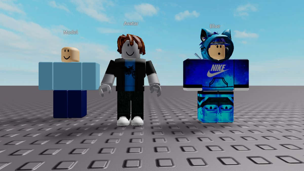Roblox 桌布 壁紙 — 三個方塊狀的 Roblox 頭像站在灰色網格上，藍天白雲。