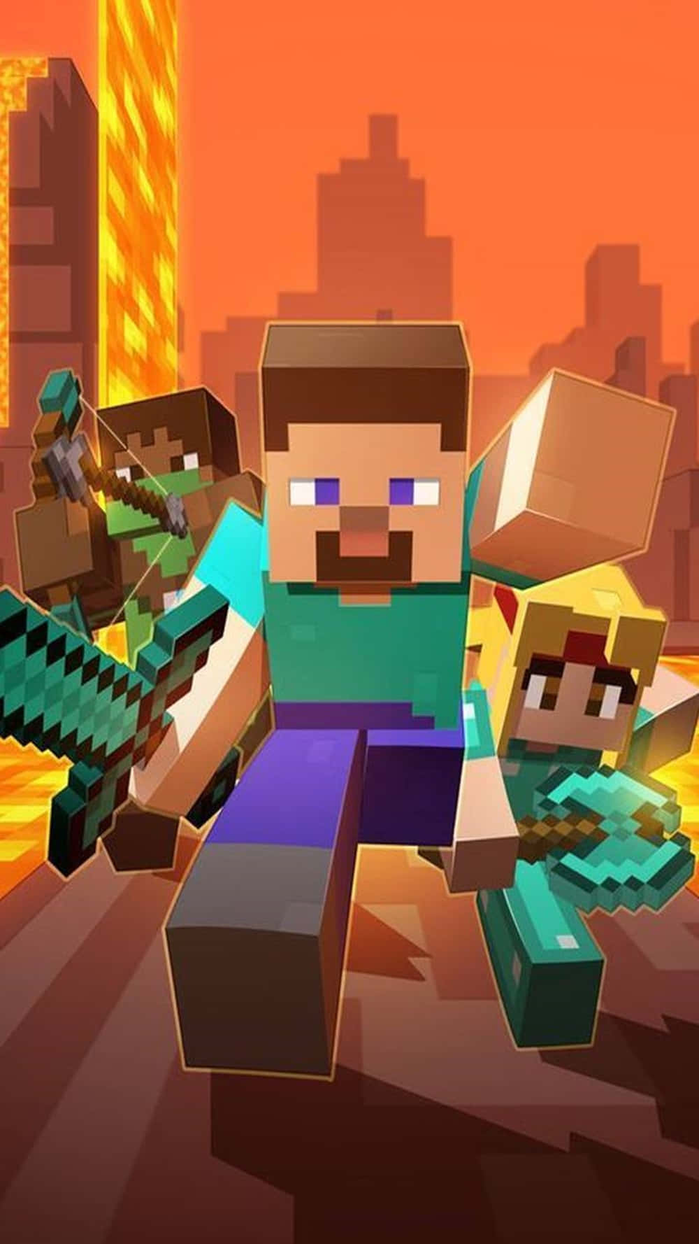 電玩遊戲 桌布 壁紙 — 三個方塊狀的Minecraft角色英勇地站在火橙色日落背景前，背景是像素化的城市廢墟。