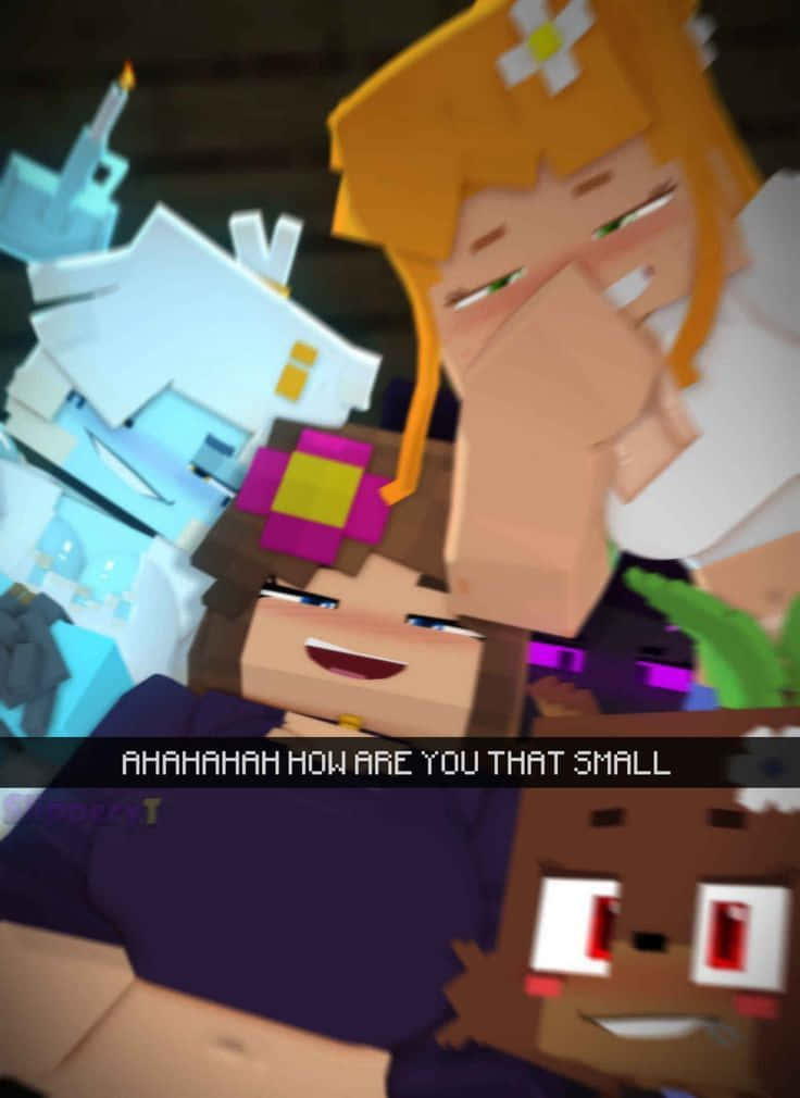 Minecraft Characters 桌布 壁紙 — 三個方塊狀的Minecraft風格角色在一個舒適的室內場景中一起大笑，配有像素化家具。