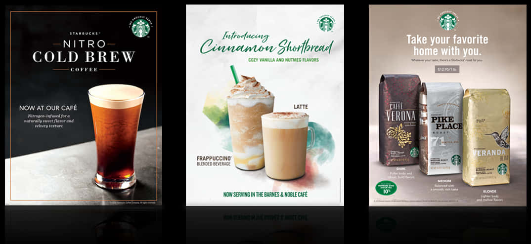 Starbucks Logo 桌布 壁紙 — 三個星巴克廣告展示了氮氣冷萃咖啡、肉桂酥餅拿鐵和咖啡豆袋，色調溫暖，字體簡潔。
