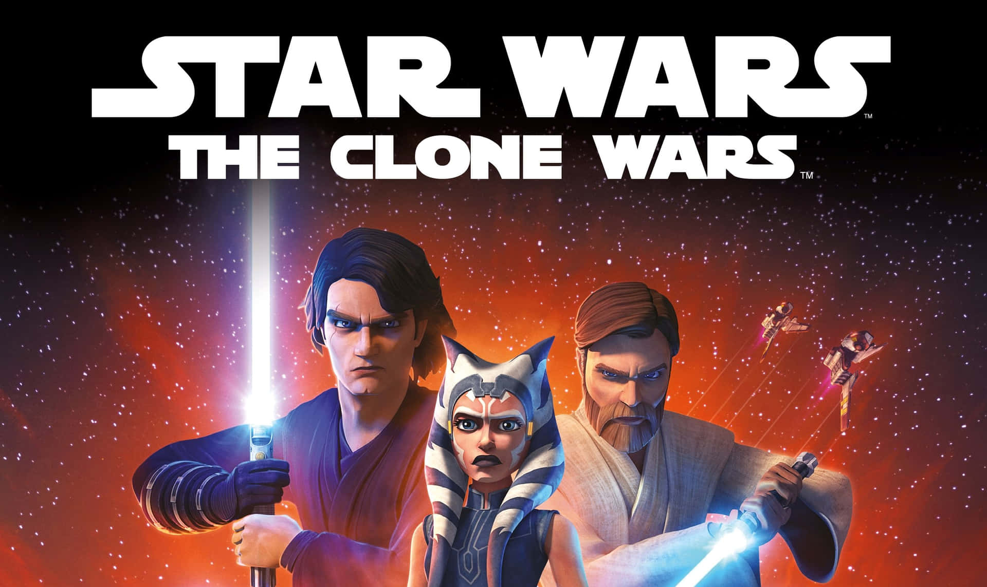 The Clone Army 桌布 壁紙 — 三個星戰角色手持發光光劍，在熾熱的星空背景下準備就緒。