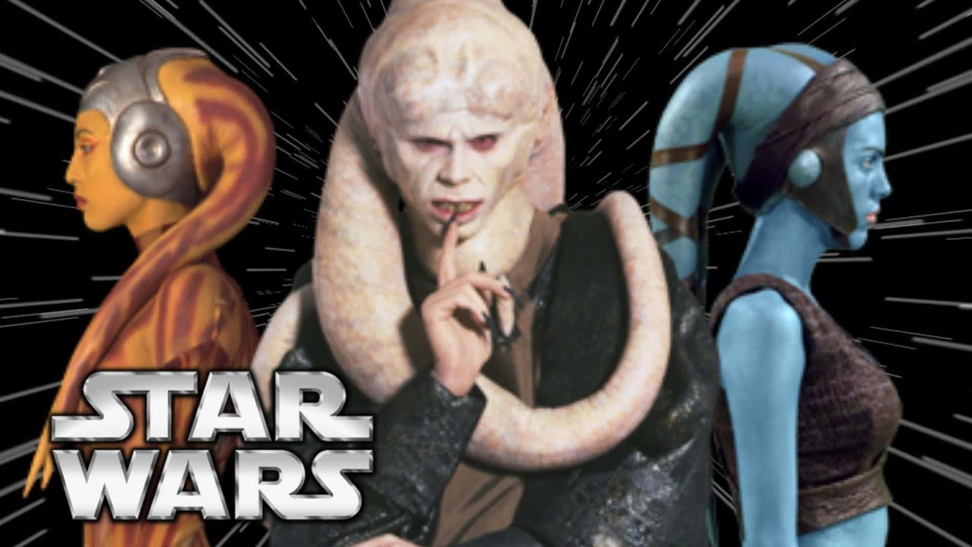 Twi'lek 桌布 壁紙 — 三個星際大戰外星角色在黑色背景上擺姿勢，帶有白色速度線和星際大戰標誌。