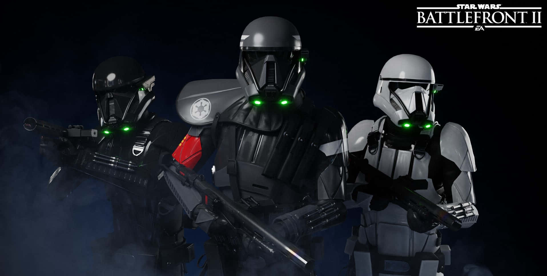 Imperial Army 桌布 壁紙 — 三個星際大戰風暴兵在黑暗煙霧環境中，帶有發光綠色護目鏡和爆能步槍。