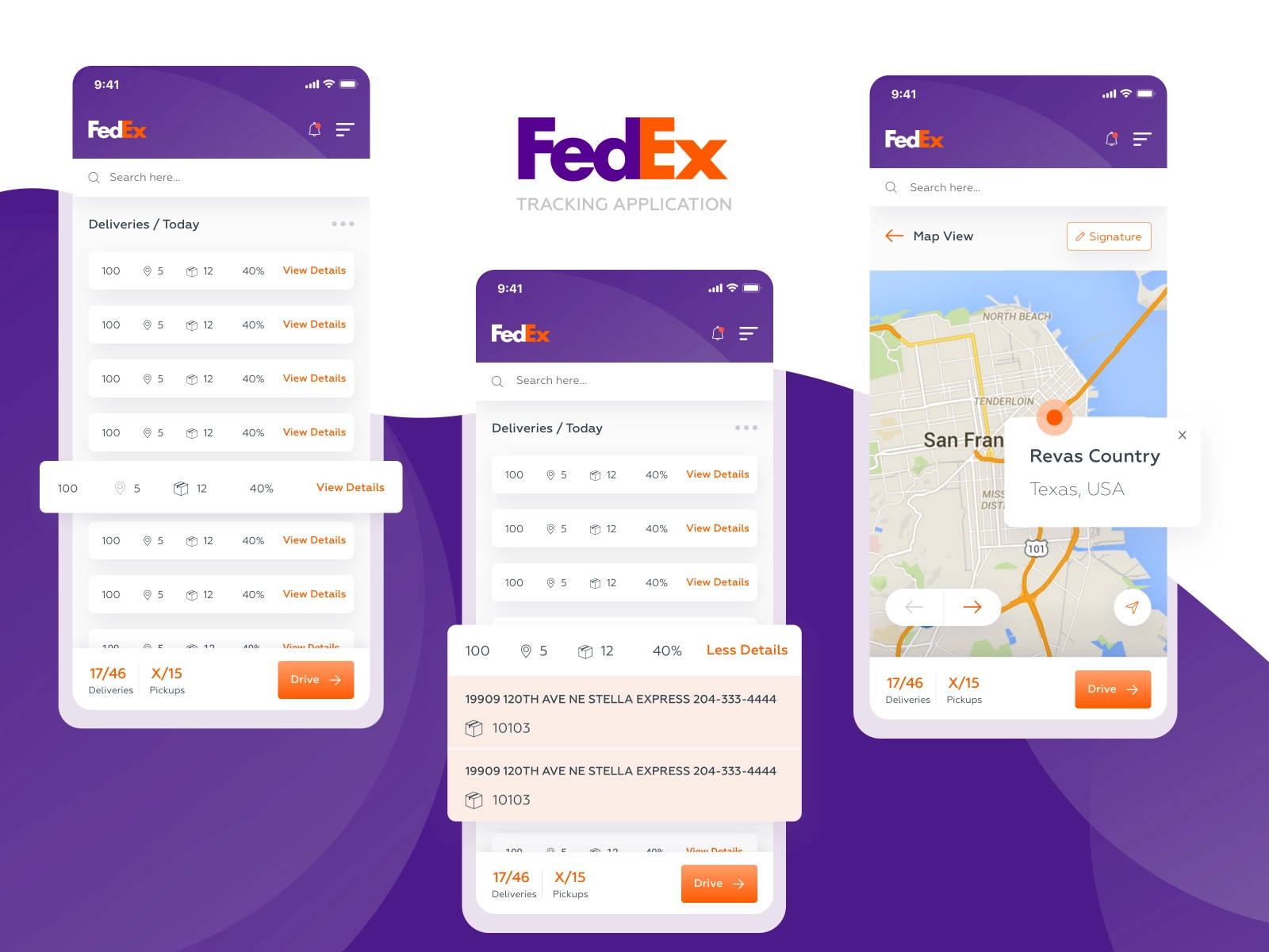 手機 桌布 壁紙 — 三個智慧型手機螢幕顯示FedEx追蹤應用程式介面，展示送貨、取件、地圖檢視和簽名選項，背景為紫色漸層。