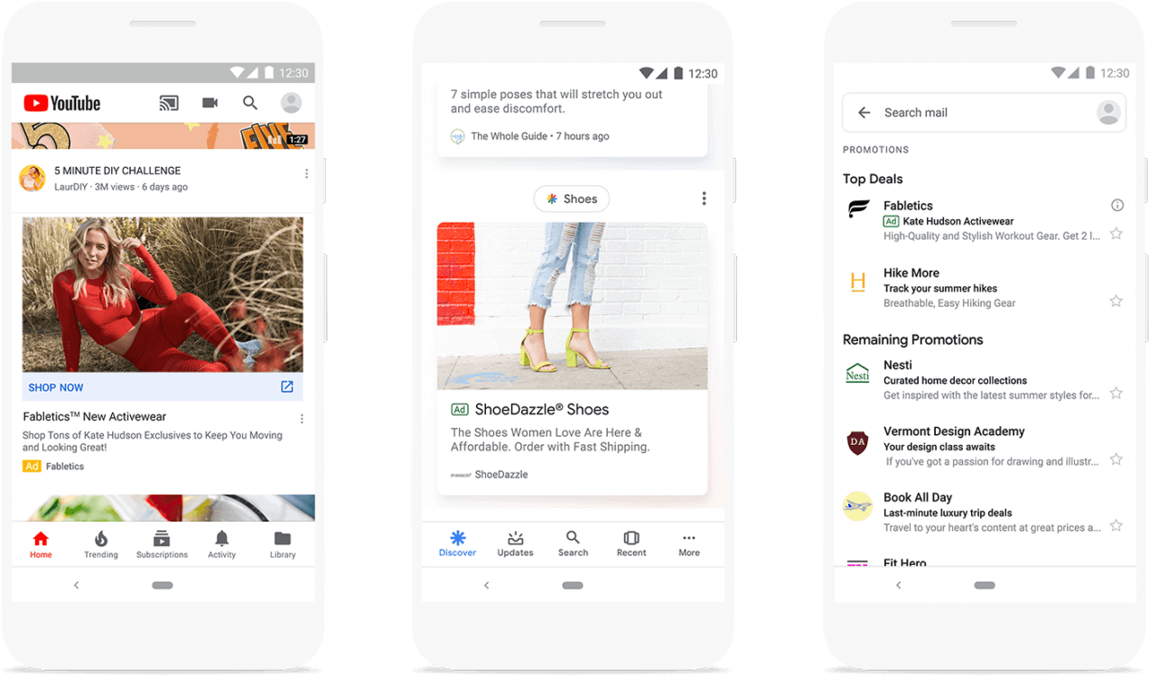 Google Ads 桌布 壁紙 — 三個智慧型手機螢幕顯示應用程式介面，展示YouTube內容、健身提示和電子郵件促銷，具有簡潔現代的用戶界面。
