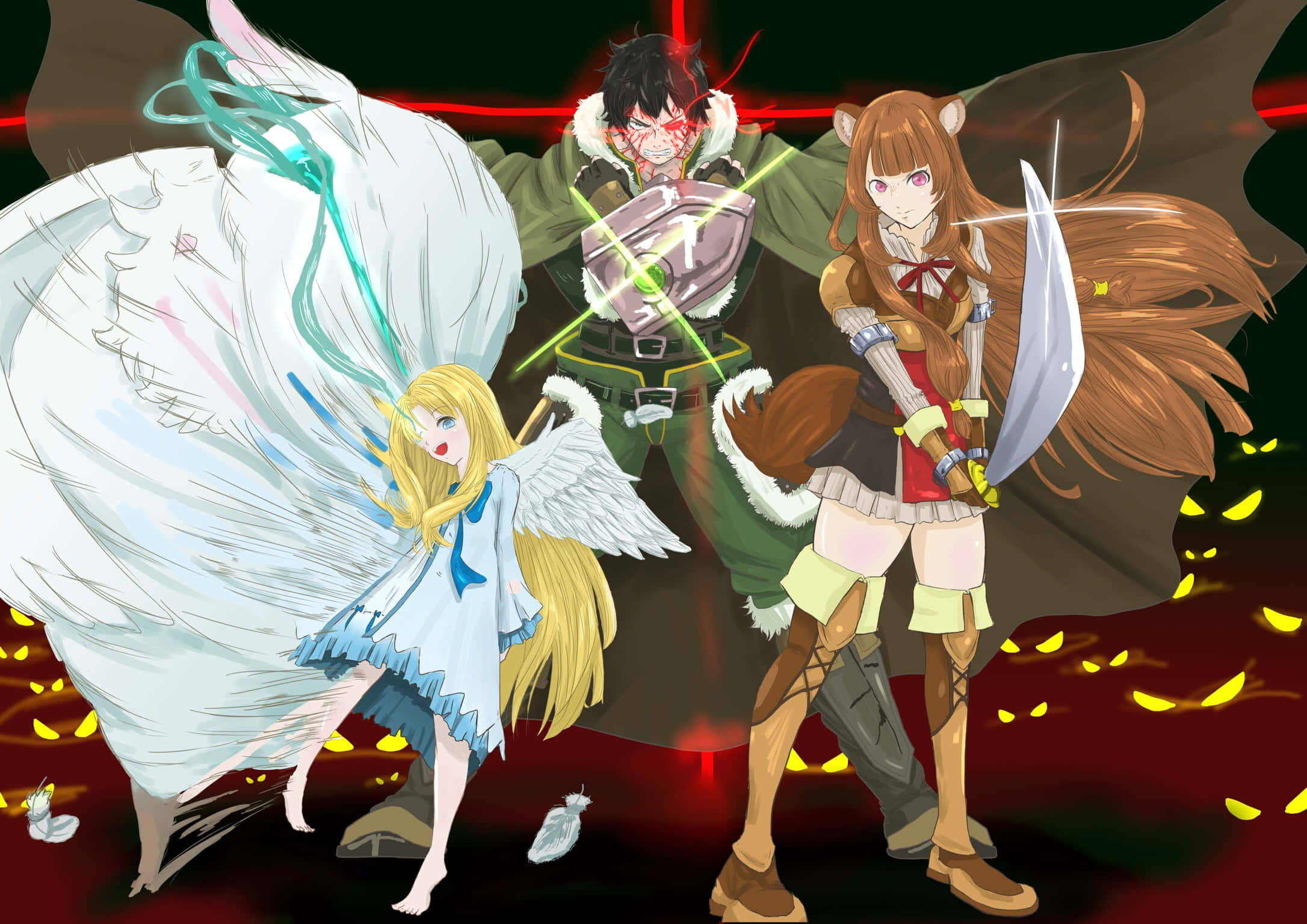 Shield Hero 桌布 壁紙 — 三個有翅膀和武器的動漫角色站在暗紅色的戰場上，背景有發光的黃色眼睛。