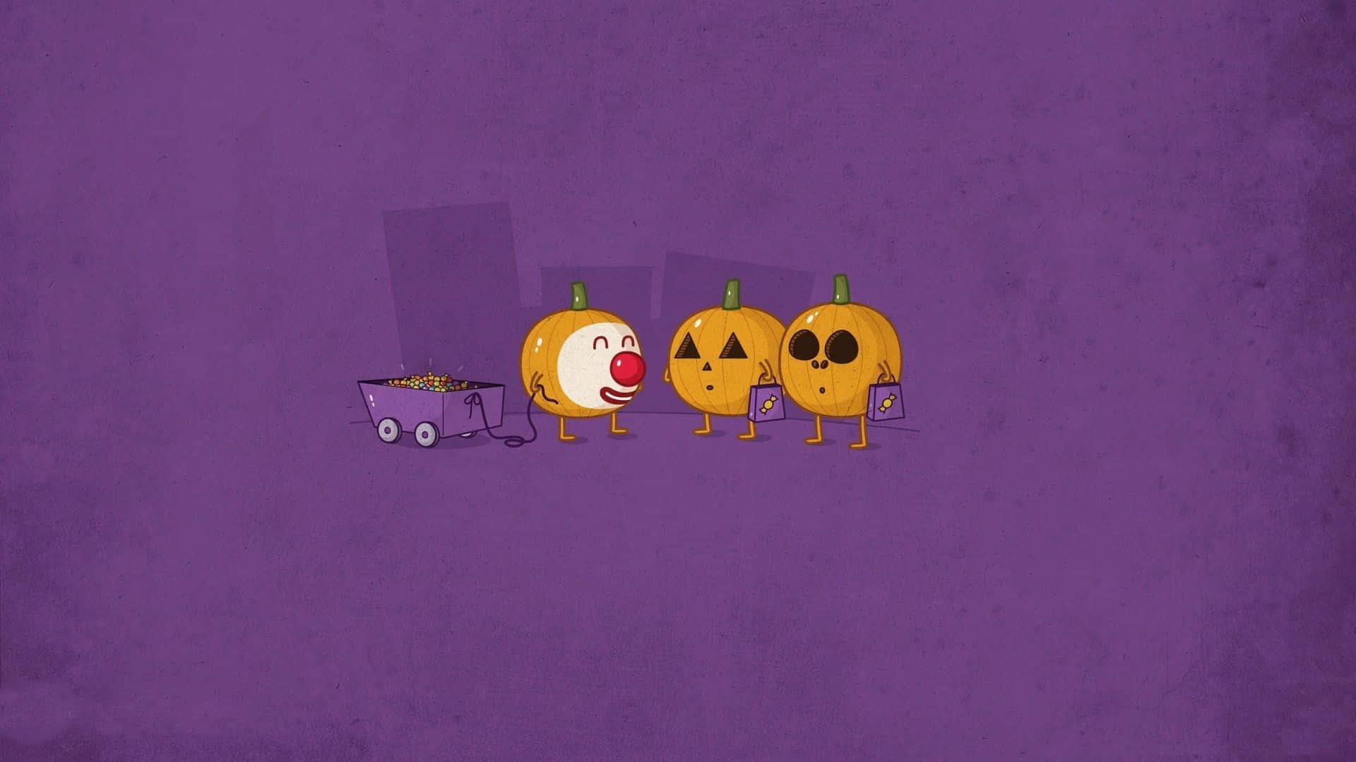Funny Halloween 桌布 壁紙 — 三個有臉的卡通南瓜拉著一輛裝滿糖果的紫色手推車，穿過有紋理的紫色背景。