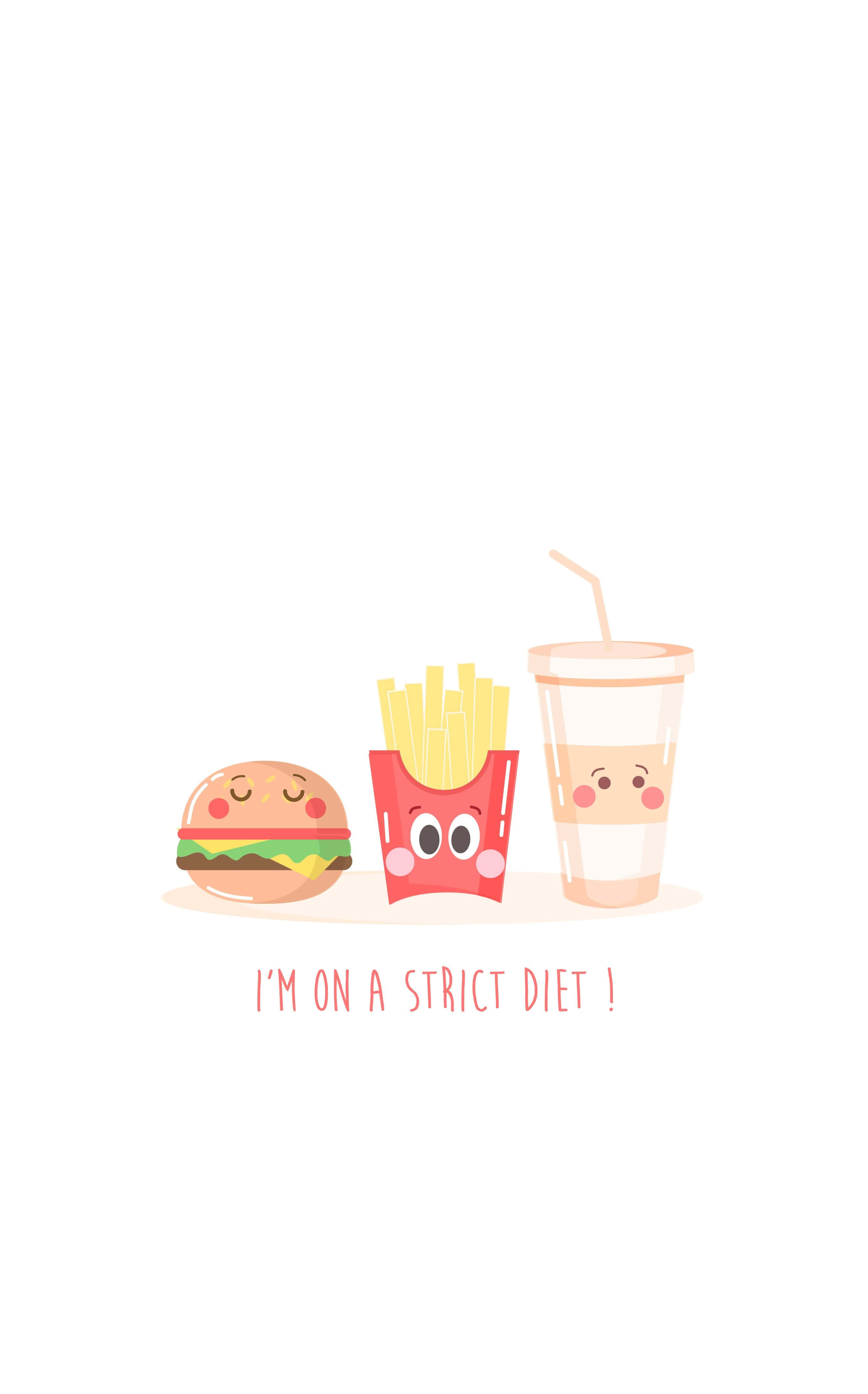Cute Food iPhone 桌布 壁紙 — 三個有臉的卡通快餐食品看起來內疚，而文字宣稱他們正在嚴格節食。