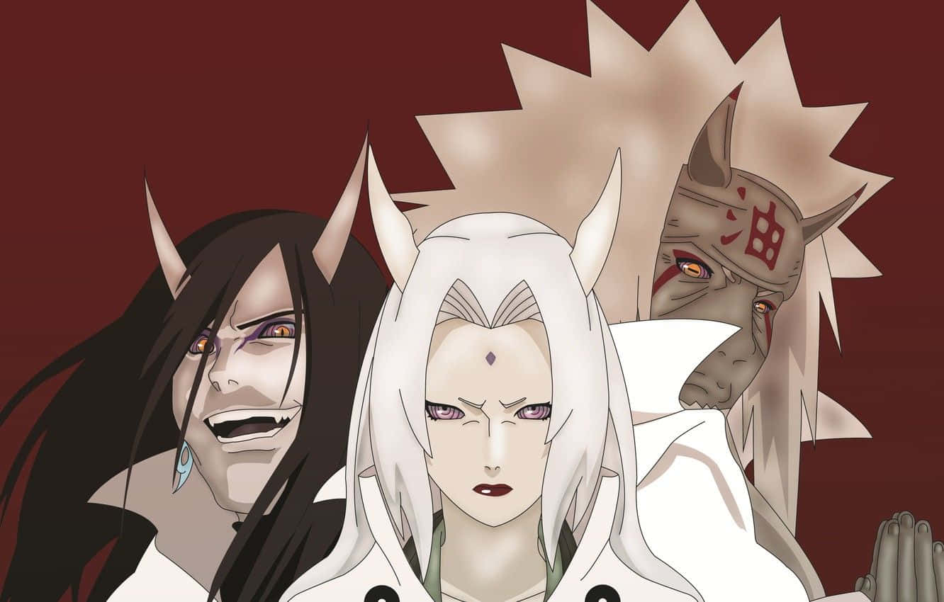 Legendary Sannin 桌布 壁紙 — 三個有角且表情強烈的動漫角色站在深紅色背景前。