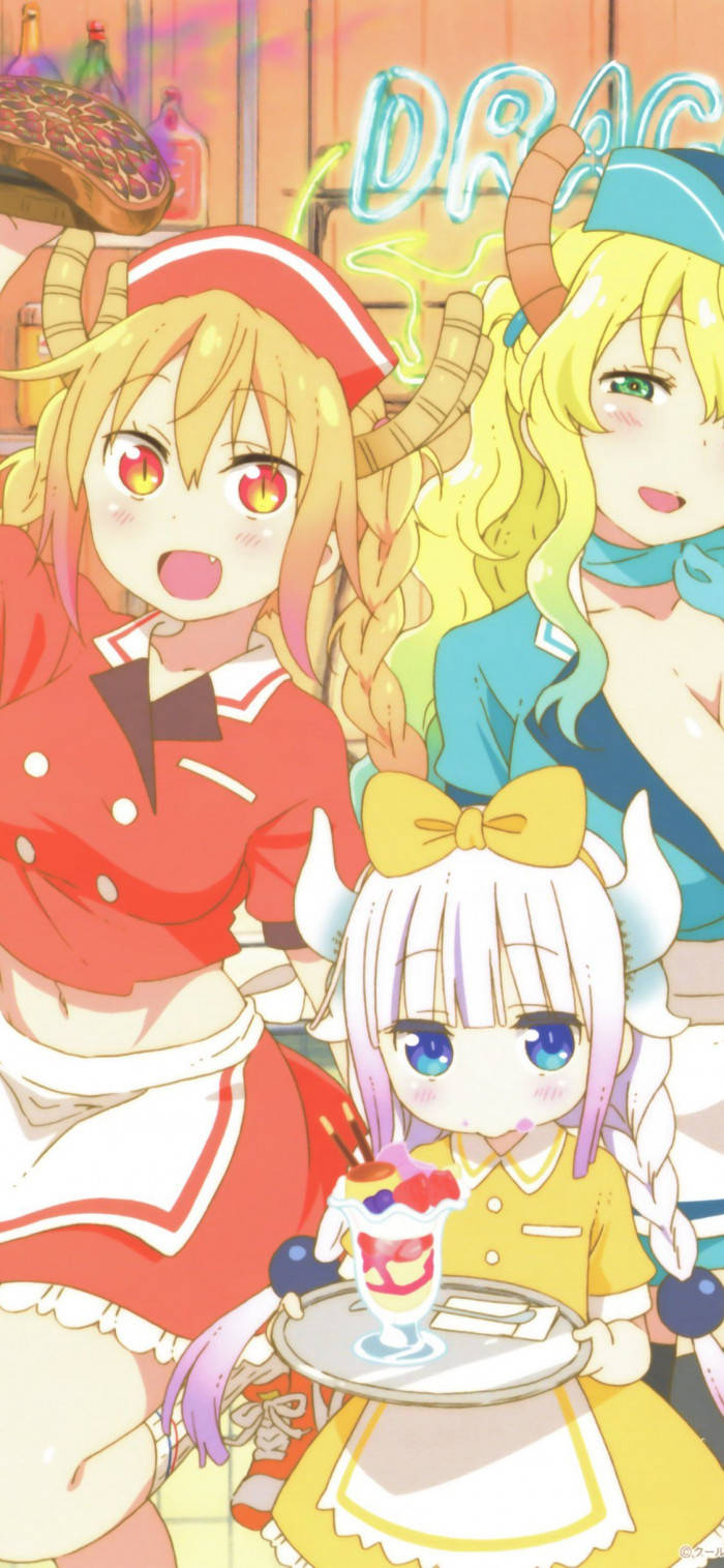 Lucoa 桌布 壁紙 — 三個有角的動漫女孩在霓虹燈光下的咖啡館提供飲料，背景有一個巨大的漢堡。
