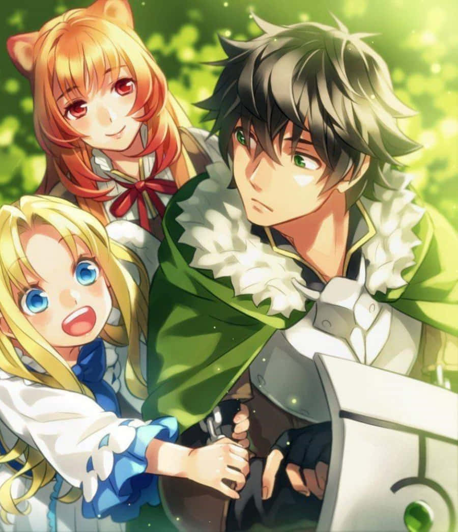 Shield Hero 桌布 壁紙 — 三個有貓耳和鮮豔頭髮的動漫角色站在陽光明媚的森林中，其中一個拿著劍，表情喜悅。