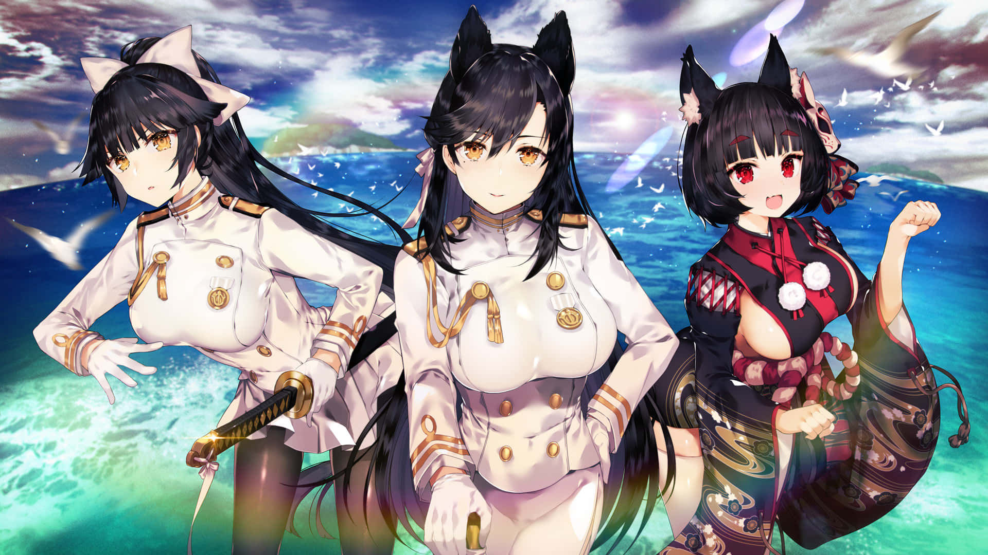 三個有貓耳的動漫女孩穿著海軍制服，在海邊擺姿勢，海鷗飛翔。 — 動漫角色 GIF 壁紙